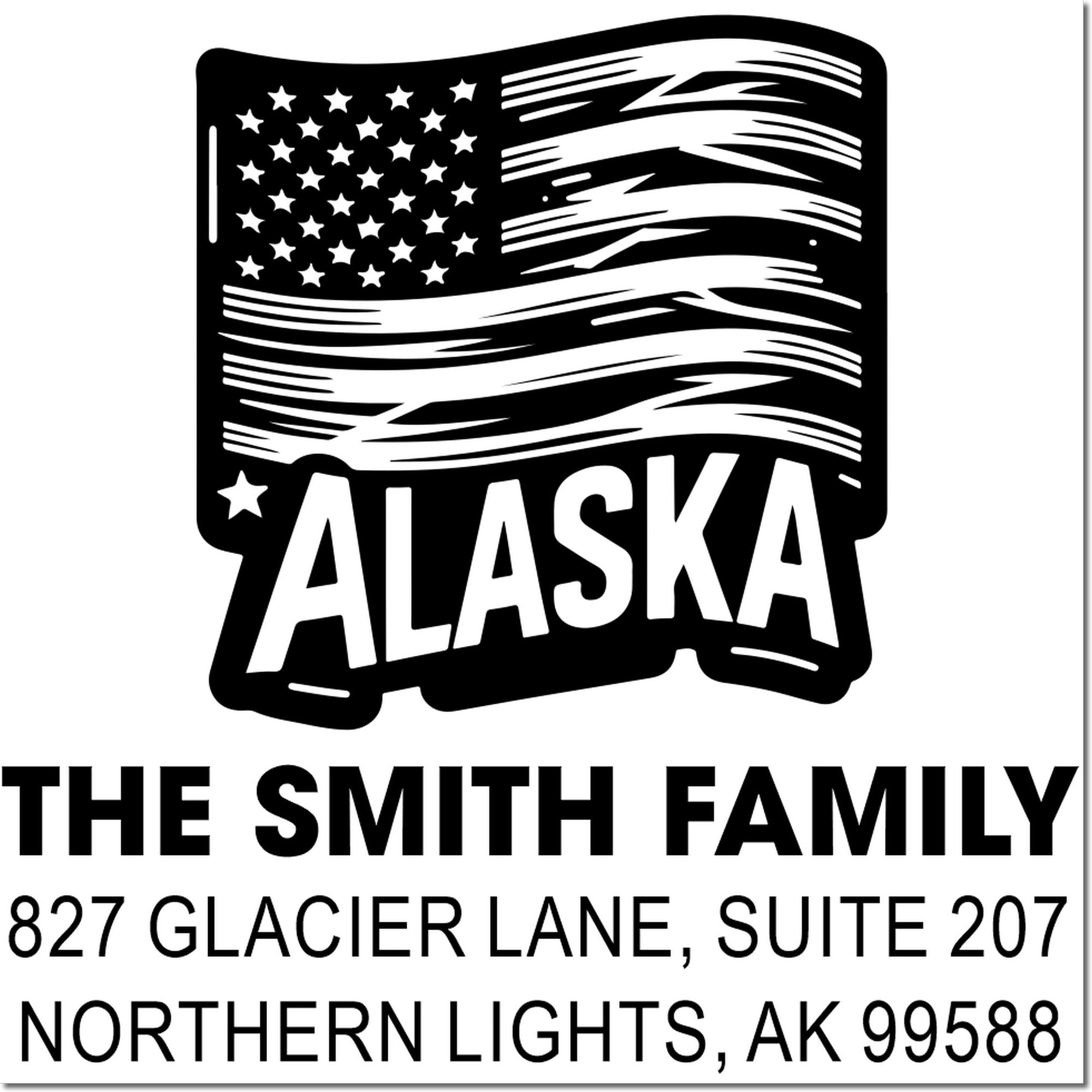 Custom Alaska family address rubber stamp with patriotic flag design for The Smith Family, Northern Lights, AK 99588