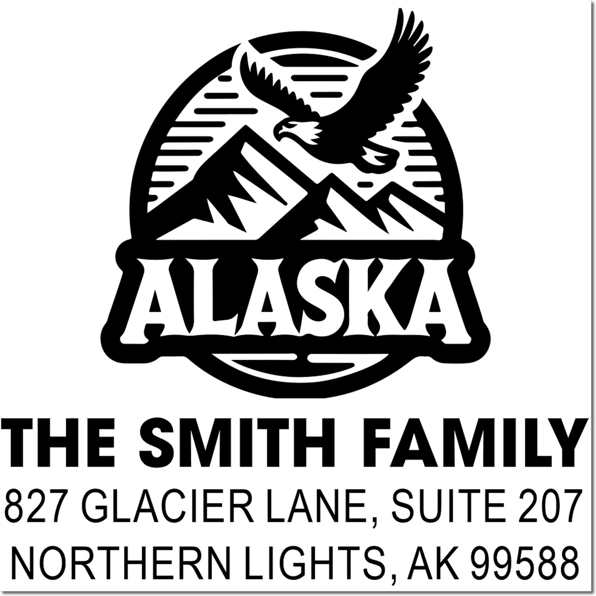 Custom Alaska return address rubber stamp with eagle and mountain design for The Smith Family mail and cards