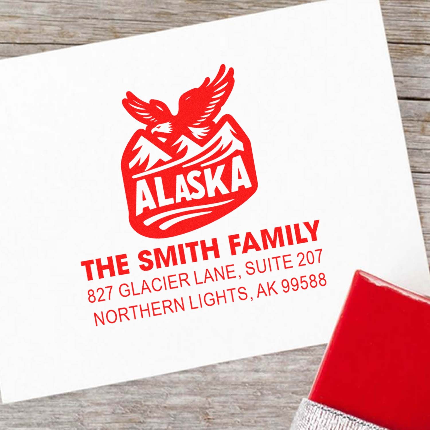 Custom Alaska family address rubber stamp with eagle and mountains, featuring The Smith Family return address imprint.