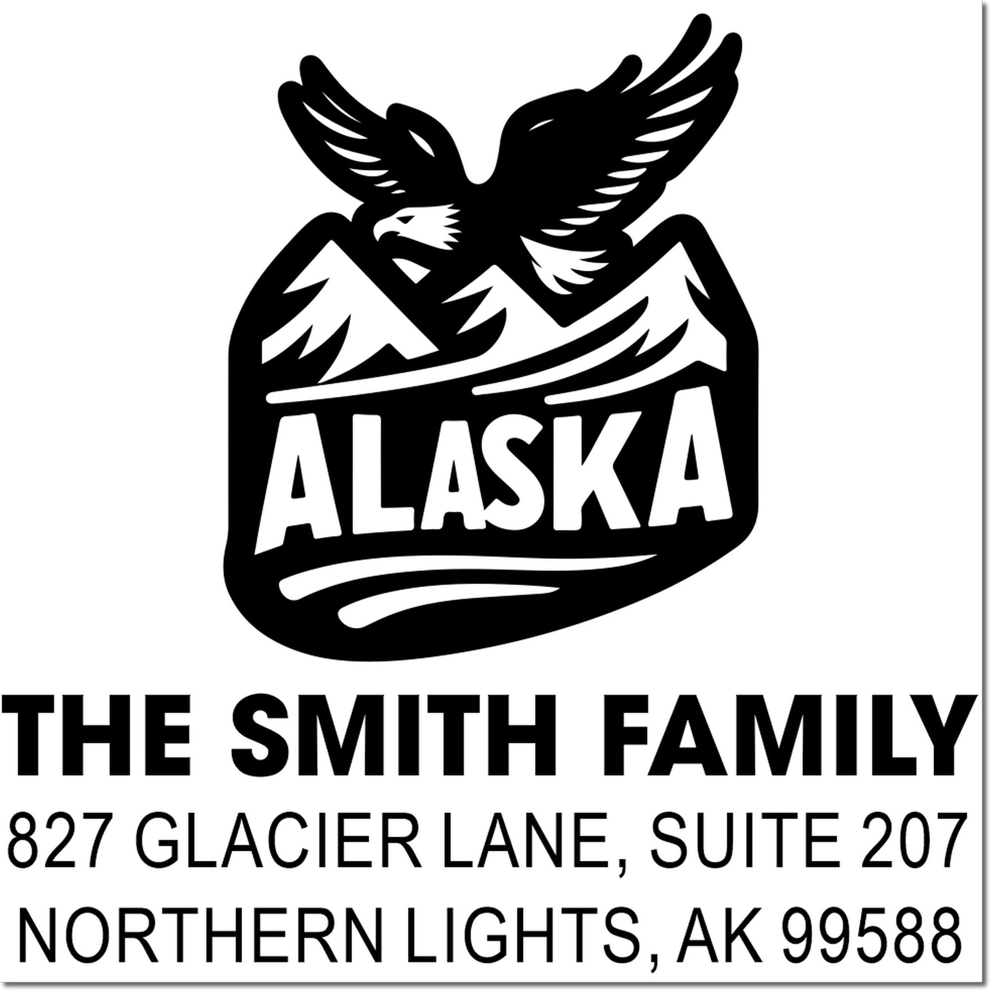 Alaska return address rubber stamp with eagle and mountain design for The Smith Family, Northern Lights, AK 99588.
