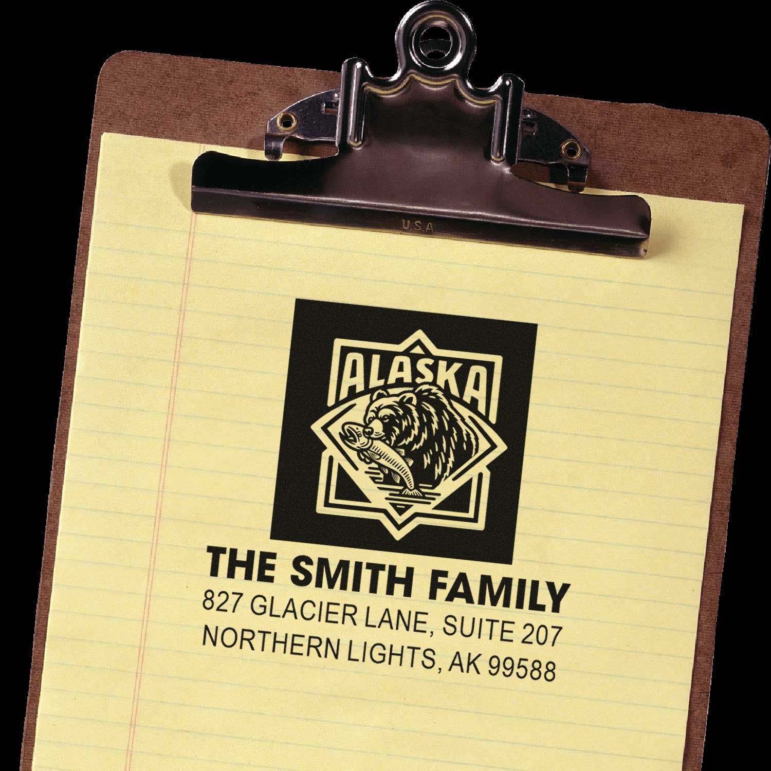 Personalized return address rubber stamp with Alaska bear logo for The Smith Family mailing address.