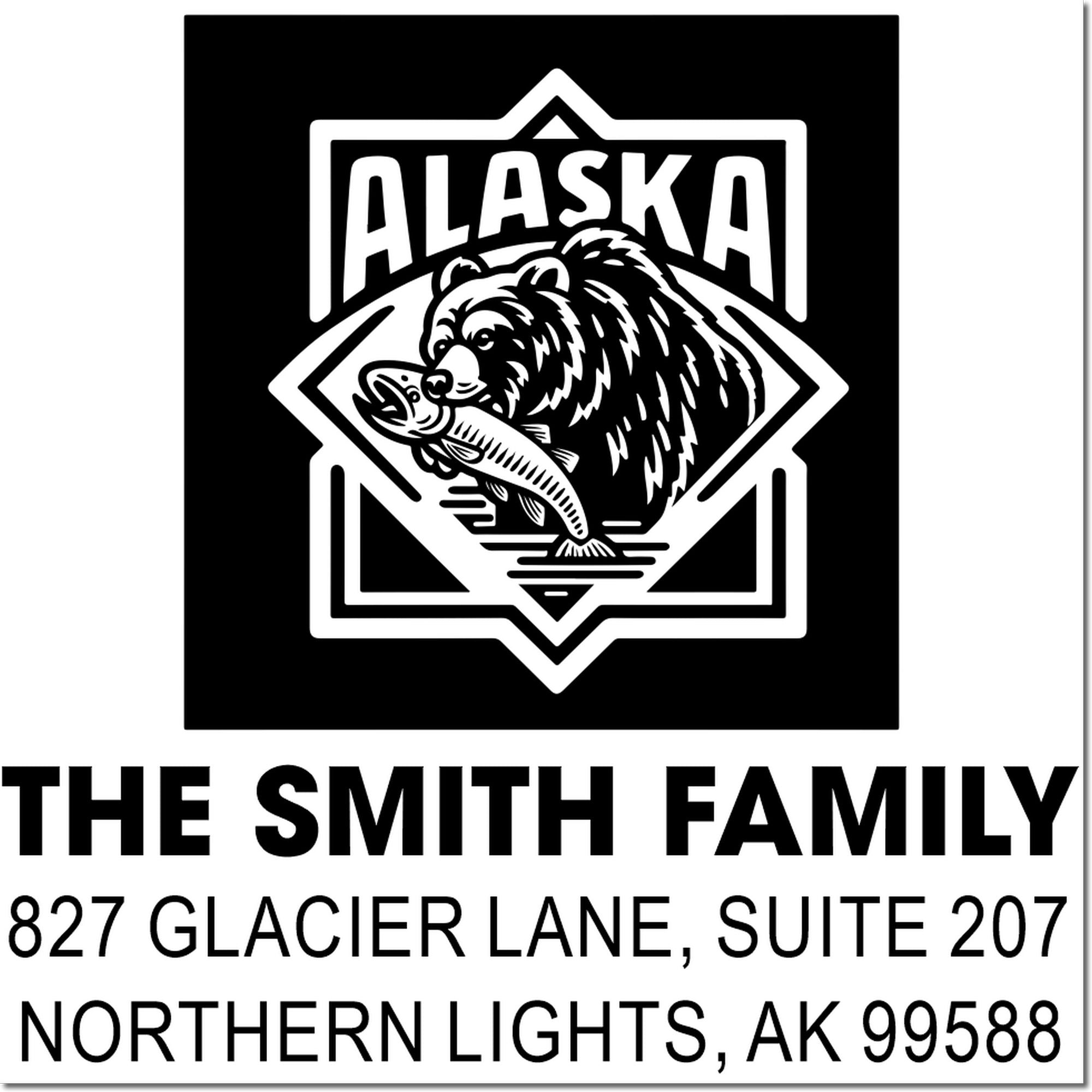 Custom Alaska family address rubber stamp with bear and fish logo, The Smith Family, Northern Lights, AK 99588