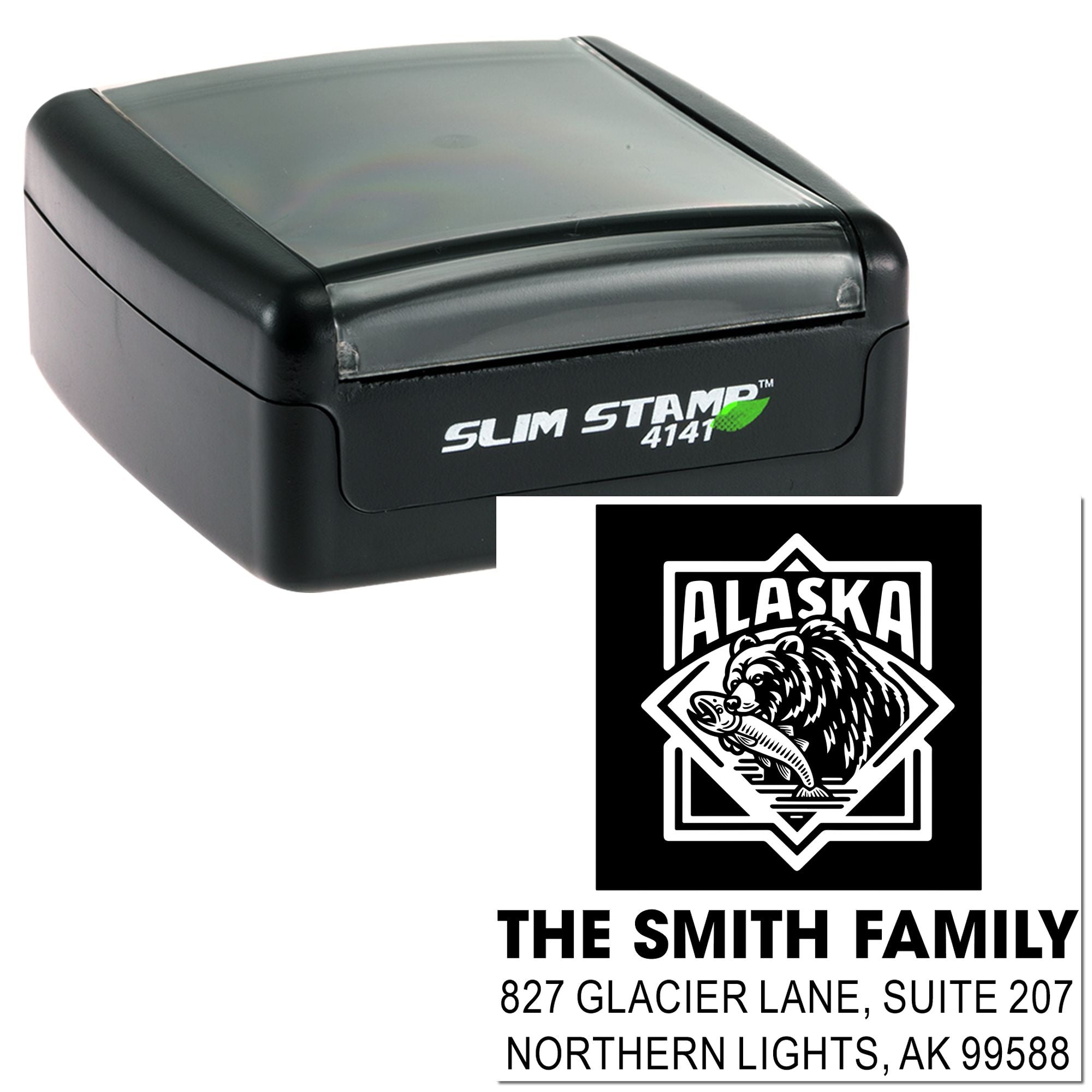 Alaska Bear Adventure Slim Pre-Inked Personalized Rubber Stamp, Custom 3-Line Design for Outdoor Enthusiasts and Souvenir Collectors