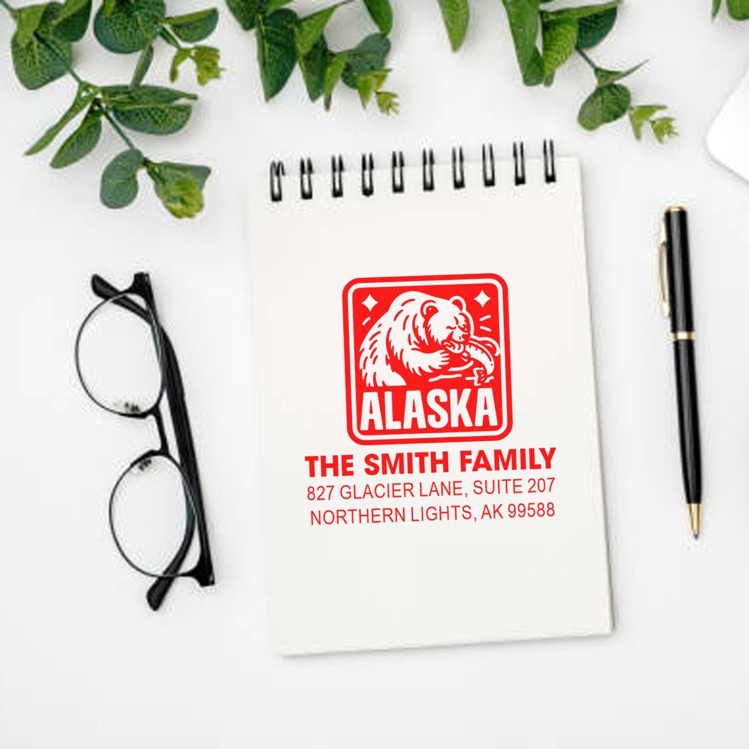 Personalized Alaska bear return address rubber stamp for The Smith Family, featuring name and mailing address.