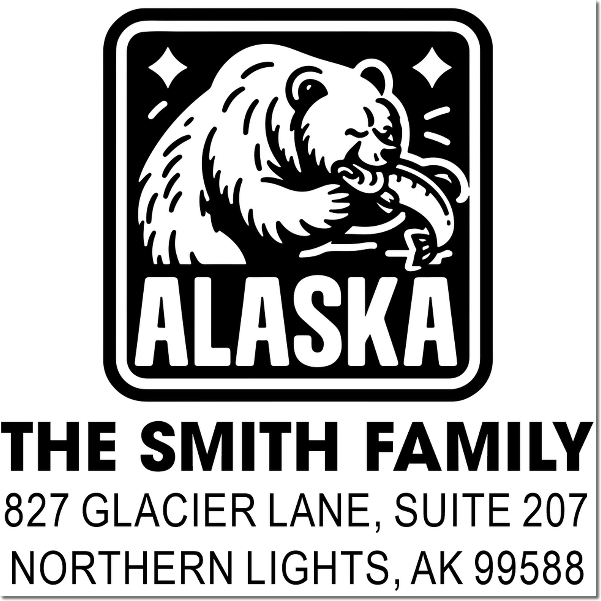 Custom Alaska bear rubber stamp return address for The Smith Family, 827 Glacier Lane Suite 207, Northern Lights, AK 99588