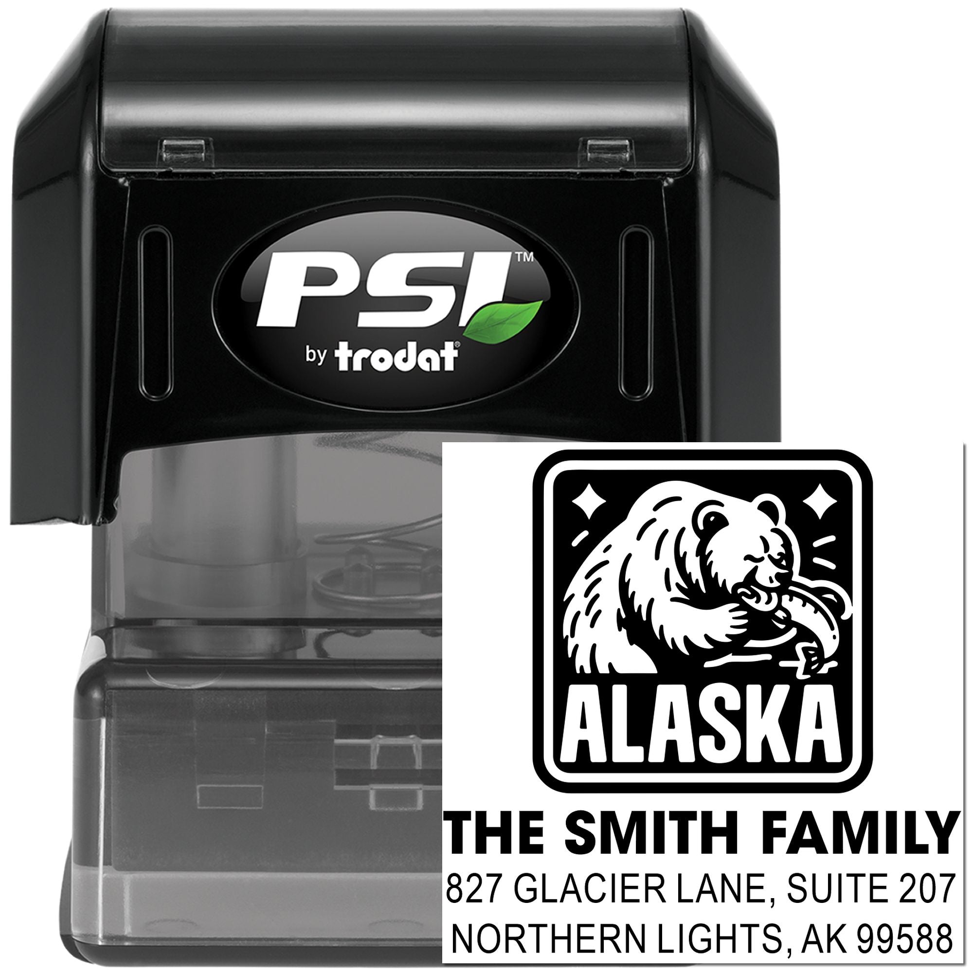 Custom Alaska self-inking rubber stamp with bear design for The Smith Family address, Northern Lights, AK 99588