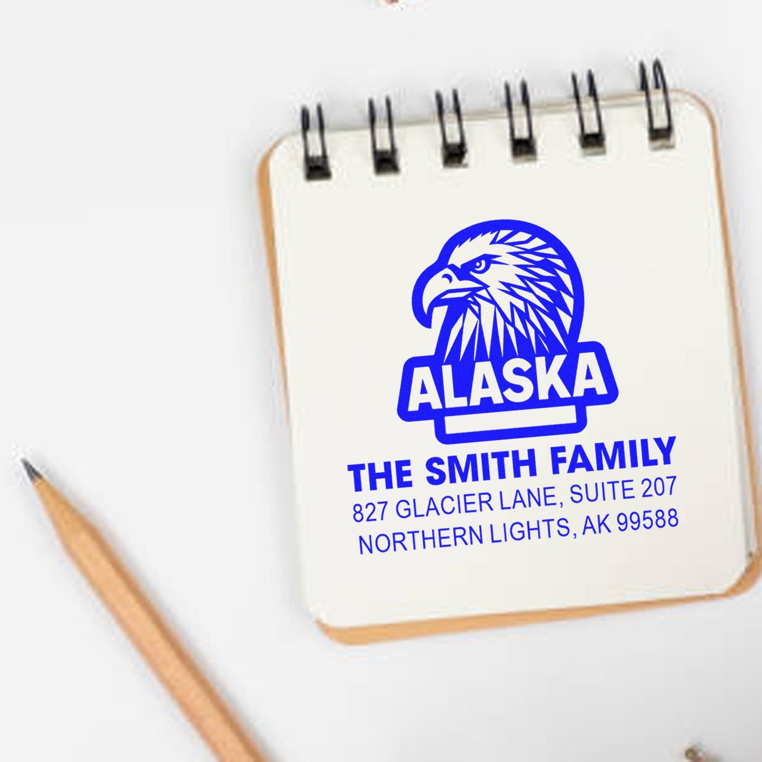 Custom Alaska family address rubber stamp imprint with eagle logo for The Smith Family, Northern Lights, AK.