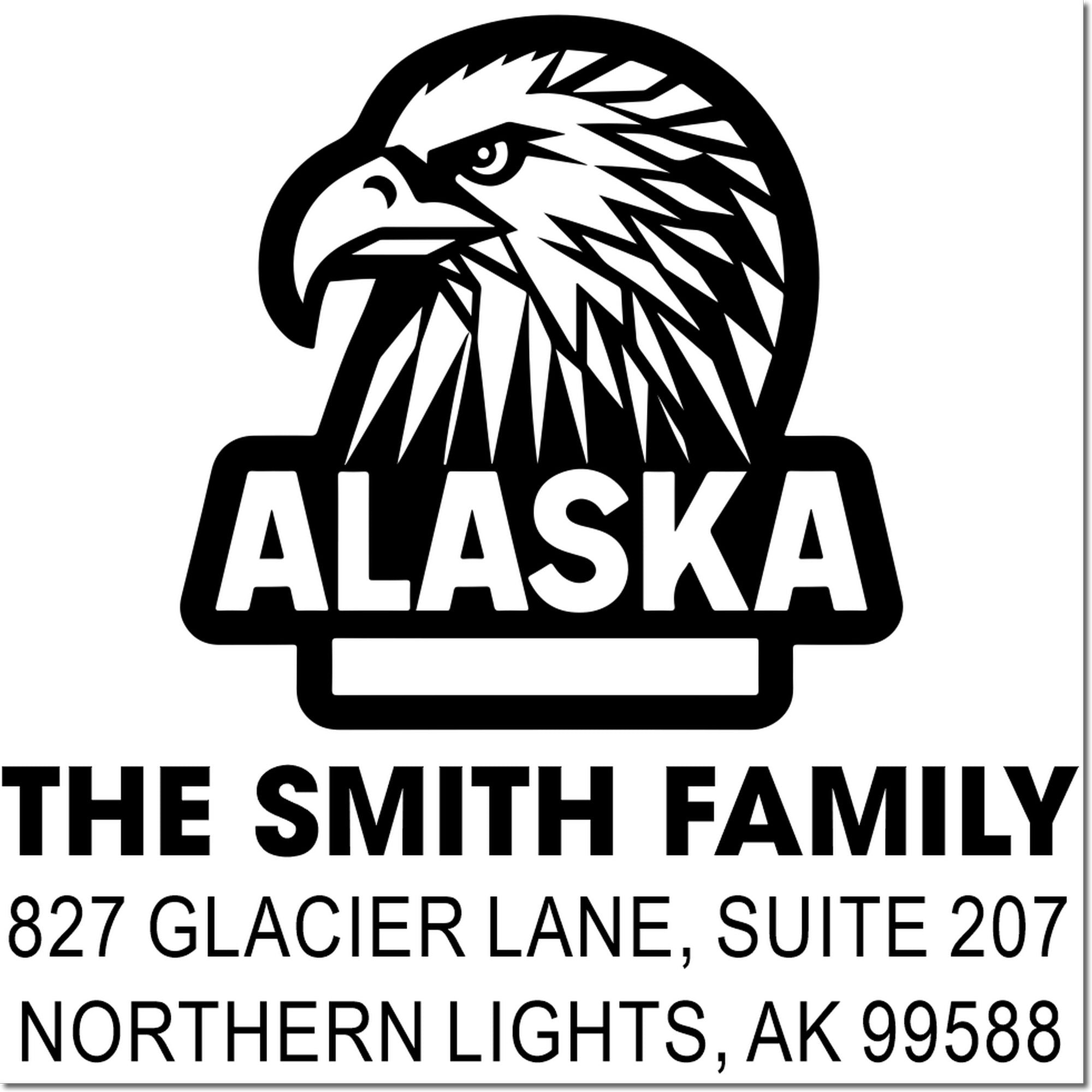 Custom Alaska rubber stamp return address with eagle logo for The Smith Family, Northern Lights, AK 99588