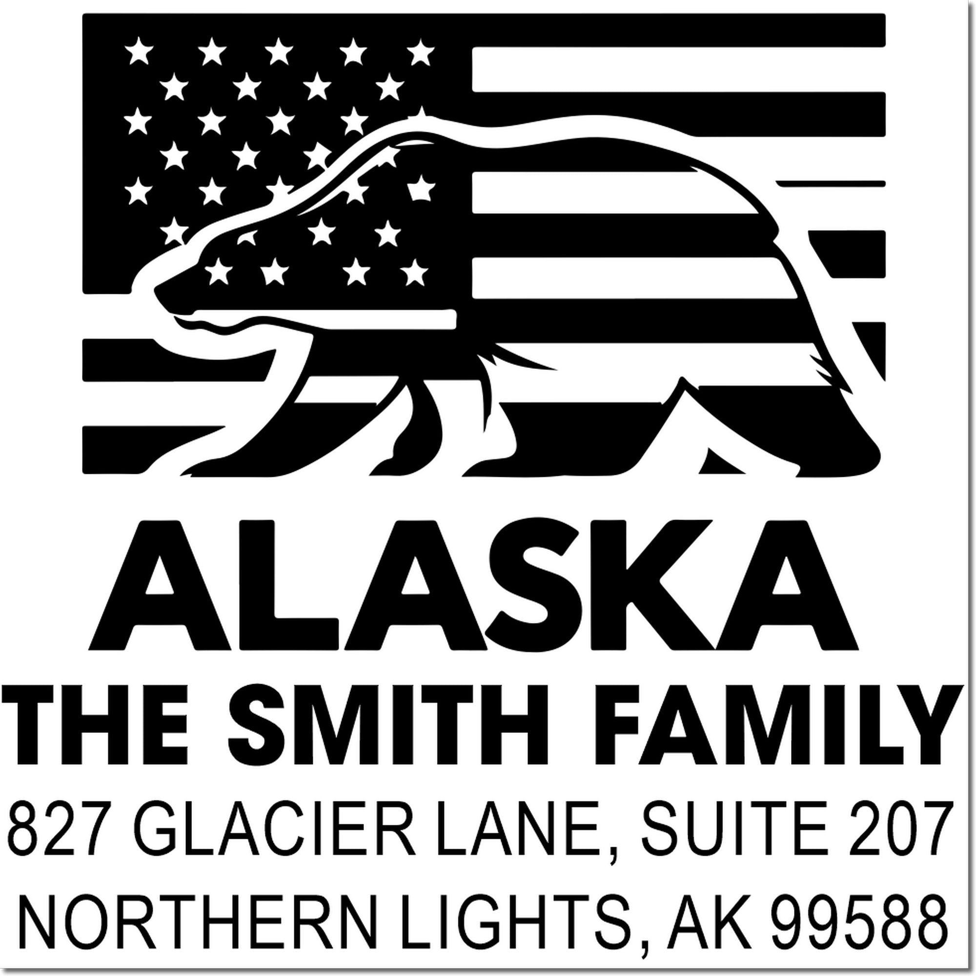 Custom Alaska return address rubber stamp with patriotic bear, The Smith Family, and Northern Lights, AK 99588.