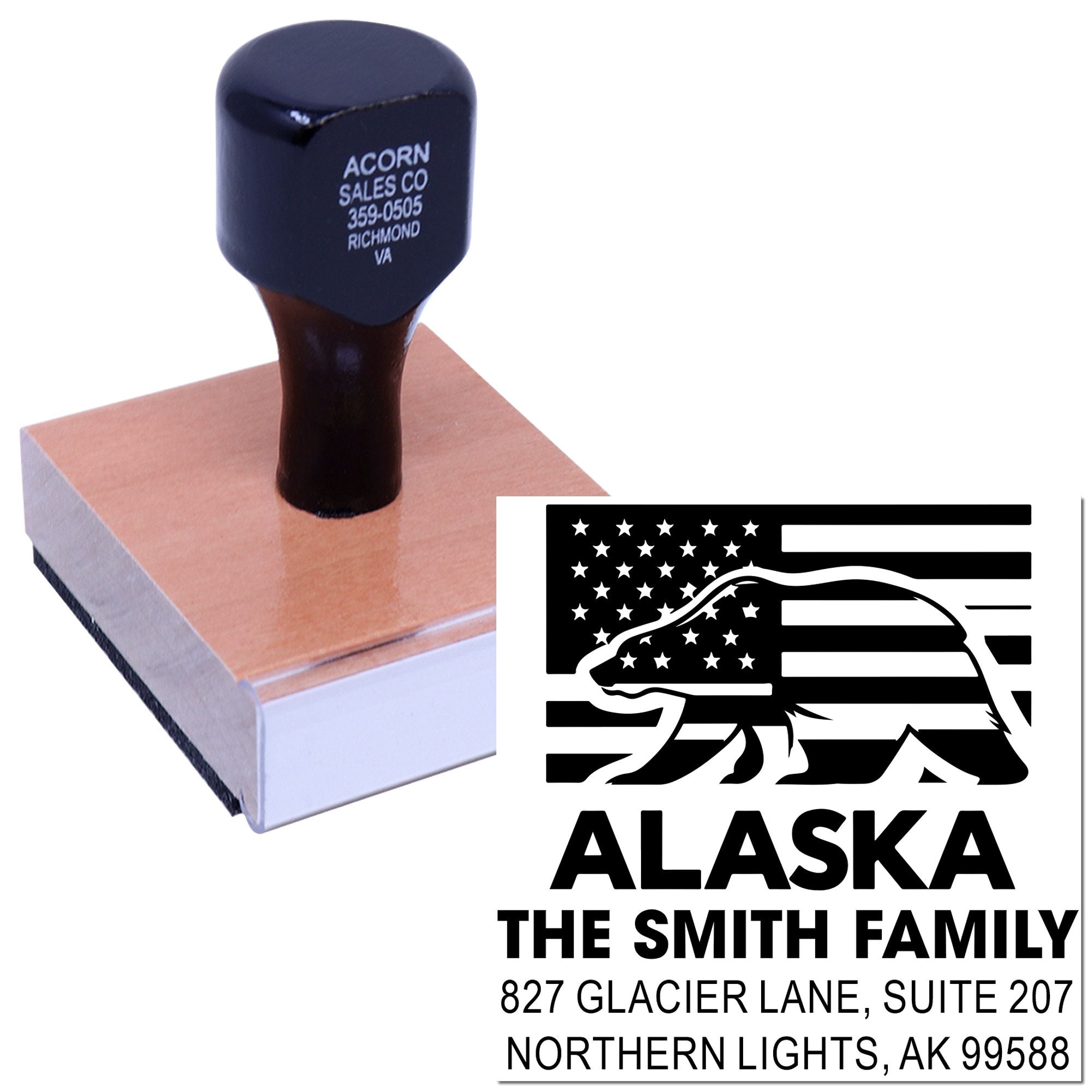 Custom Alaska return address rubber stamp with bear flag design for The Smith Family