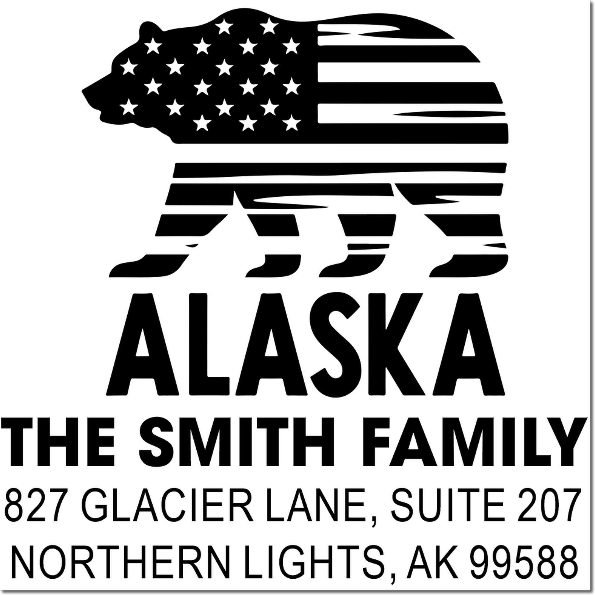 Personalized Alaska address rubber stamp with bear flag design for The Smith Family, Northern Lights, AK 99588.