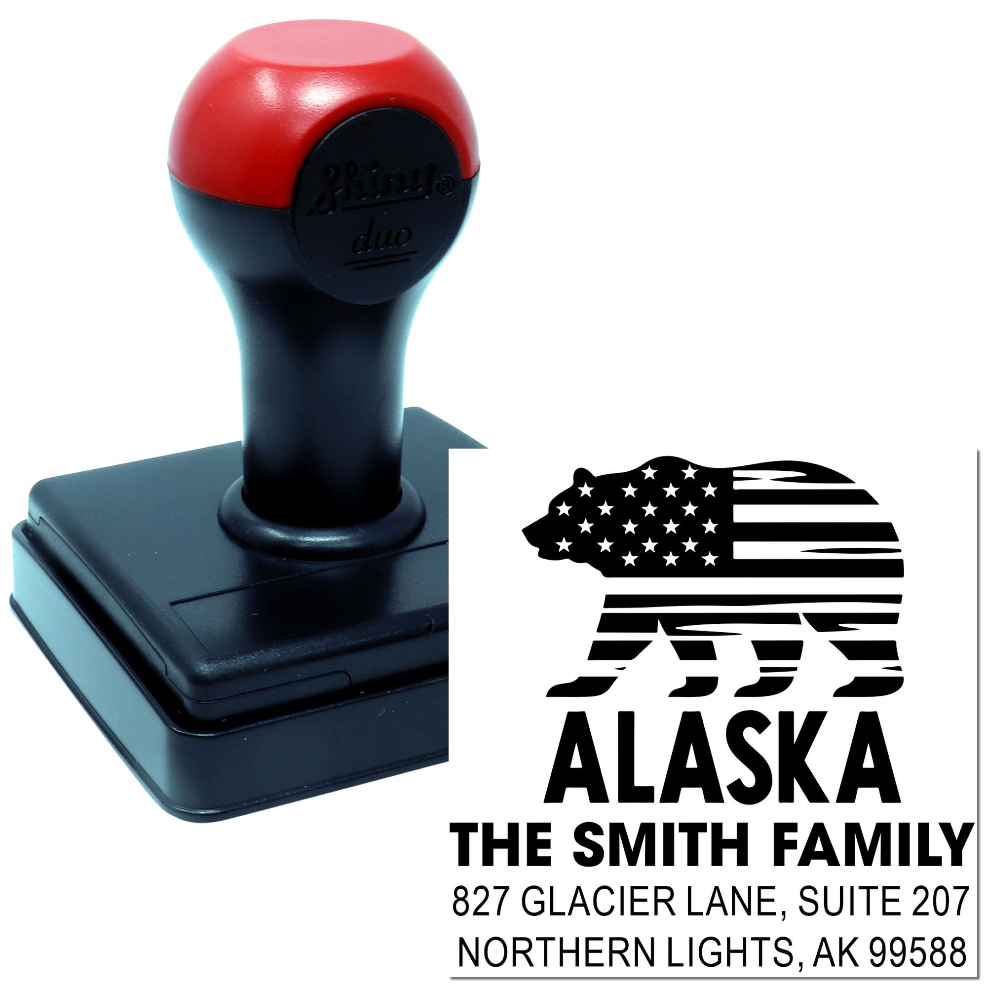 Custom Alaska return address self-inking rubber stamp for The Smith Family, featuring Alaska logo and address imprint.