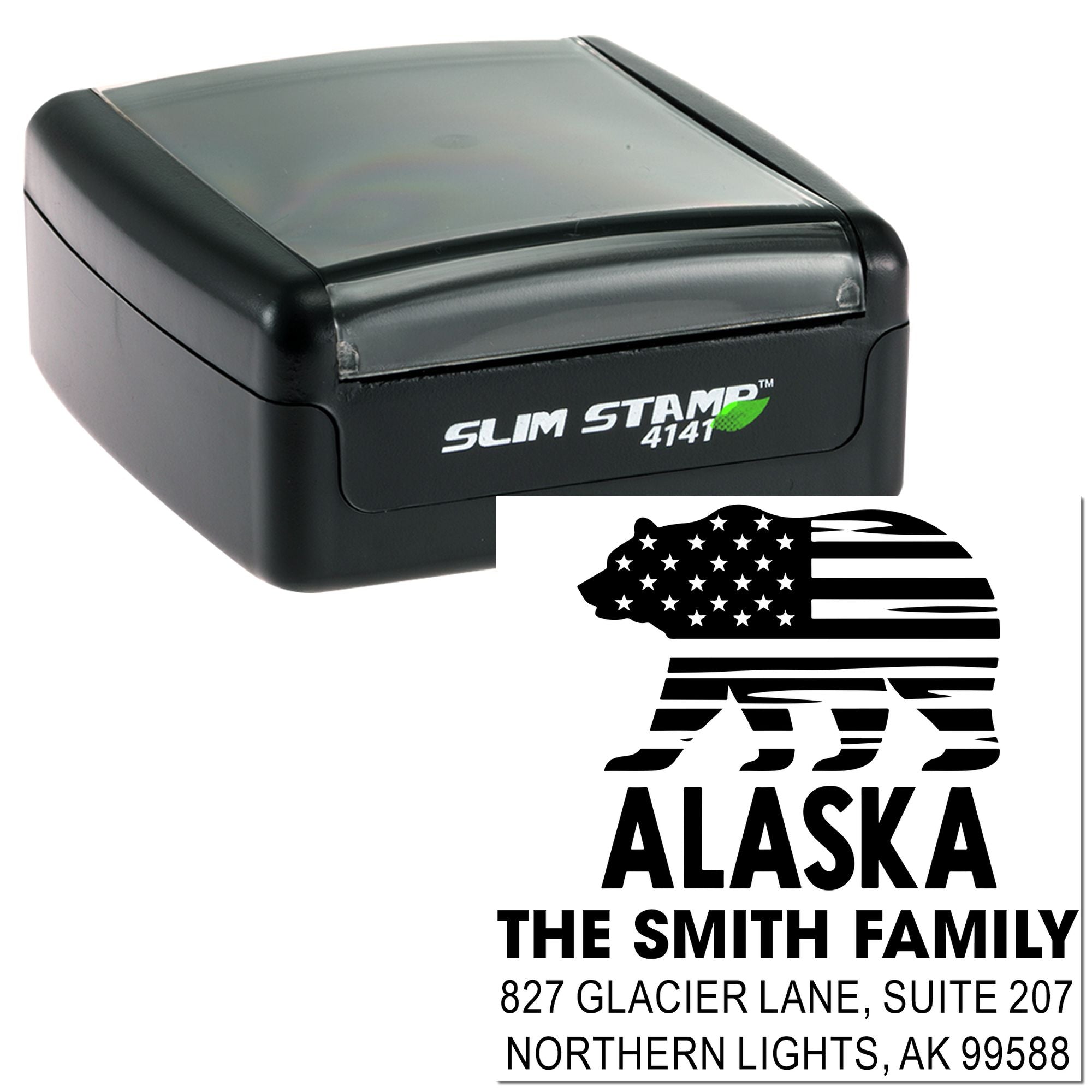 Personalized Alaska address rubber stamp, self-inking, with family name and mailing address for envelopes and labels.