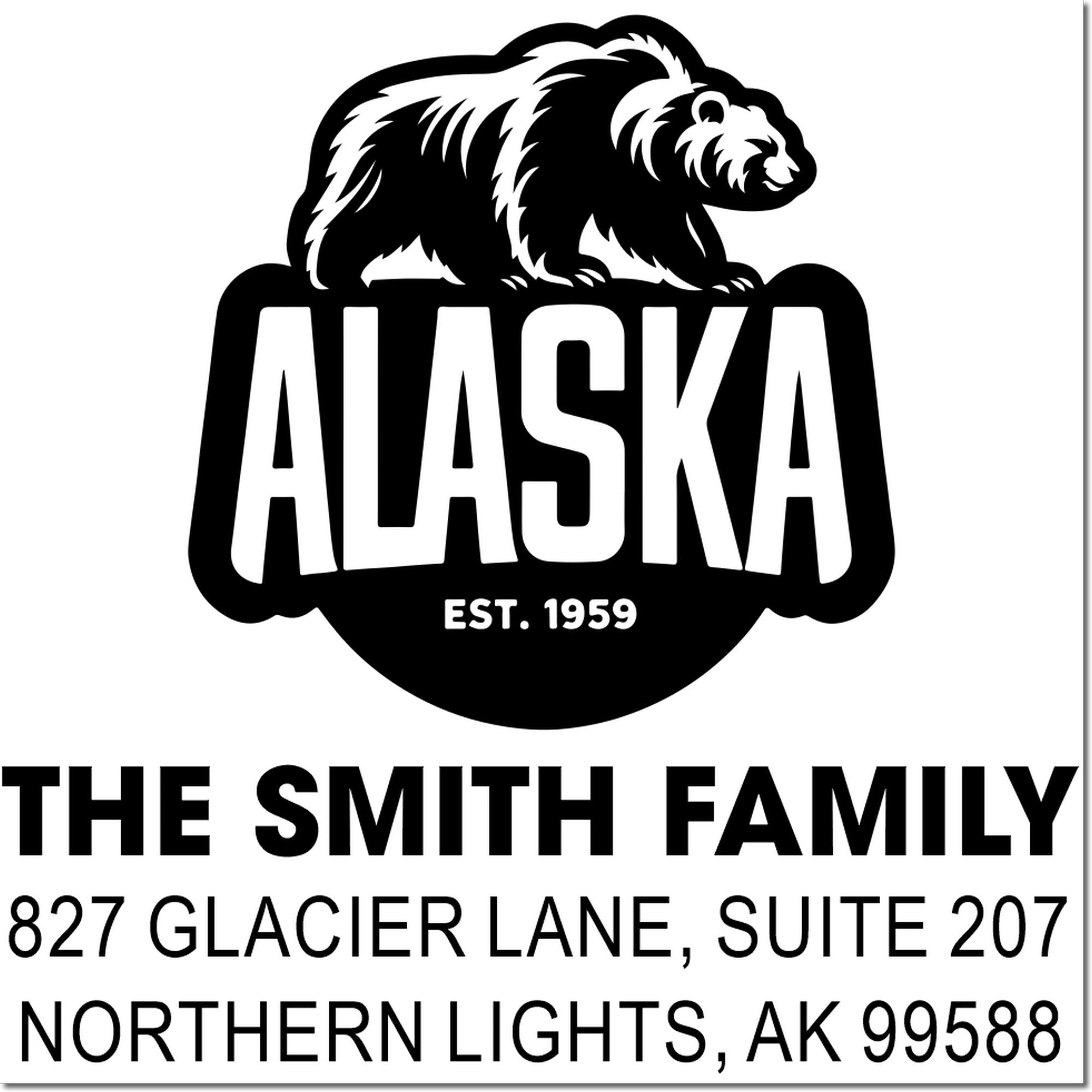 Custom Alaska return address rubber stamp with bear logo for The Smith Family, 827 Glacier Lane Suite 207, Northern Lights, AK 99588