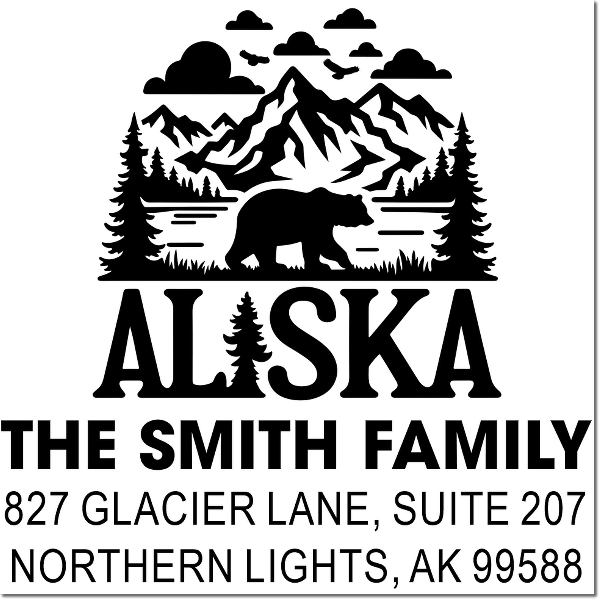 Custom Alaska address rubber stamp for The Smith Family, with bear, mountains, trees and return address.
