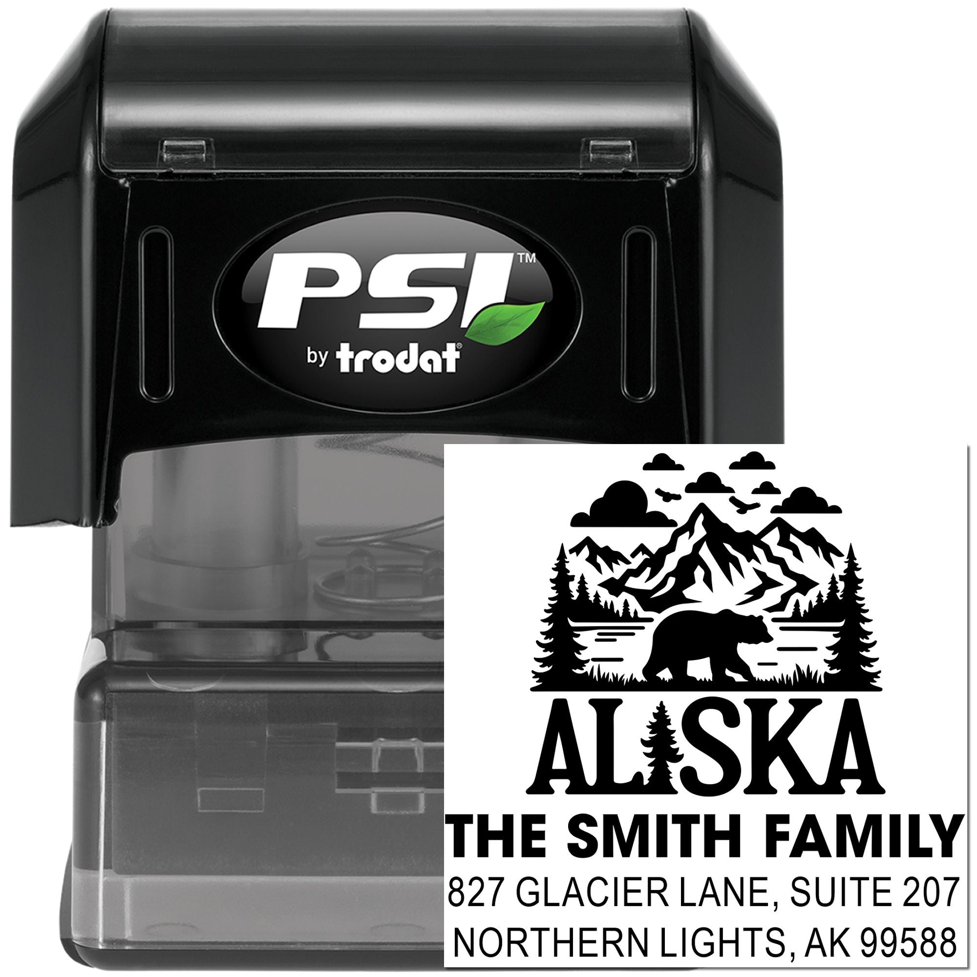 PSI by Trodat self-inking custom rubber address stamp with Alaska mountain bear return address design