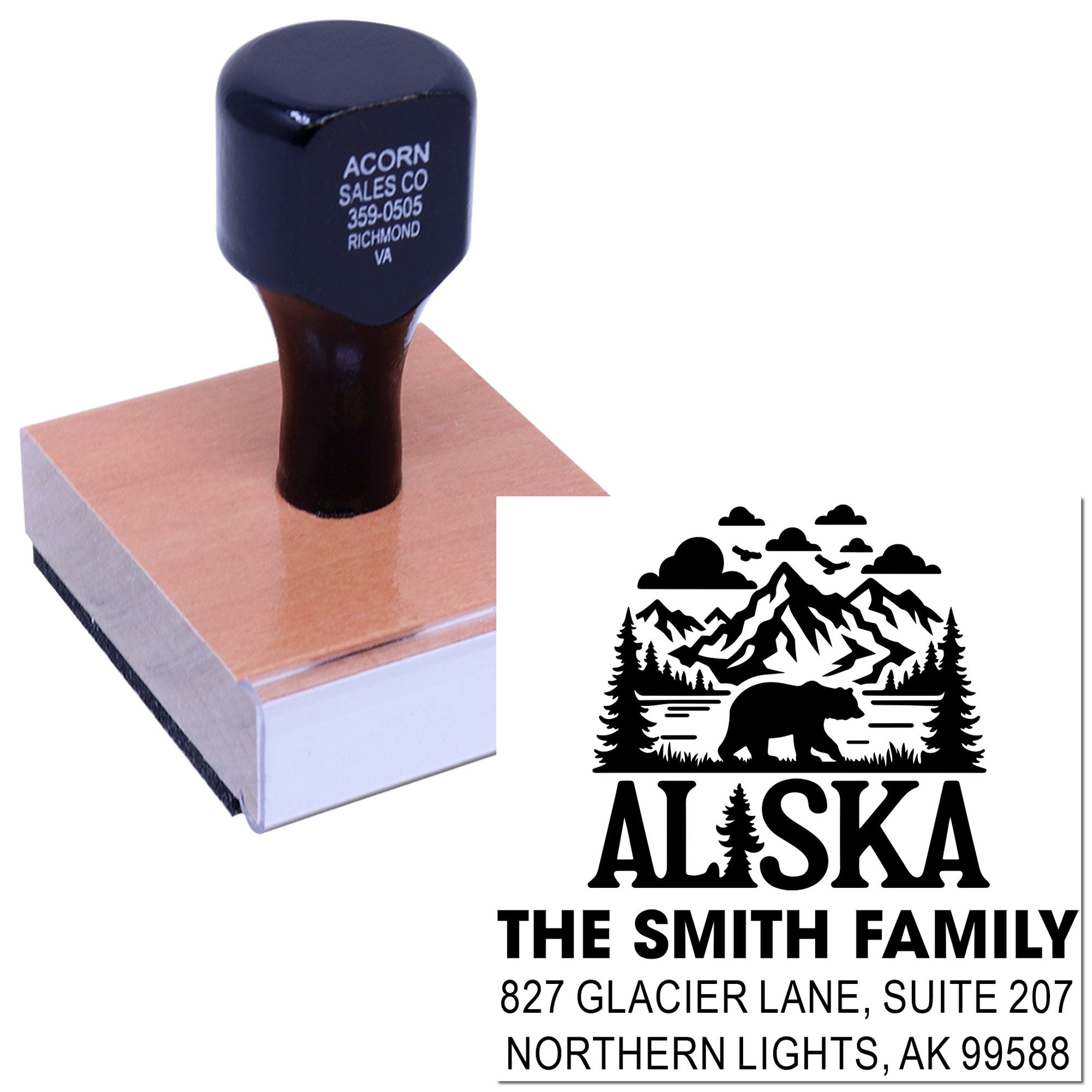 Personalized Alaska address rubber stamp with bear and mountain design for The Smith Family, Northern Lights, AK.