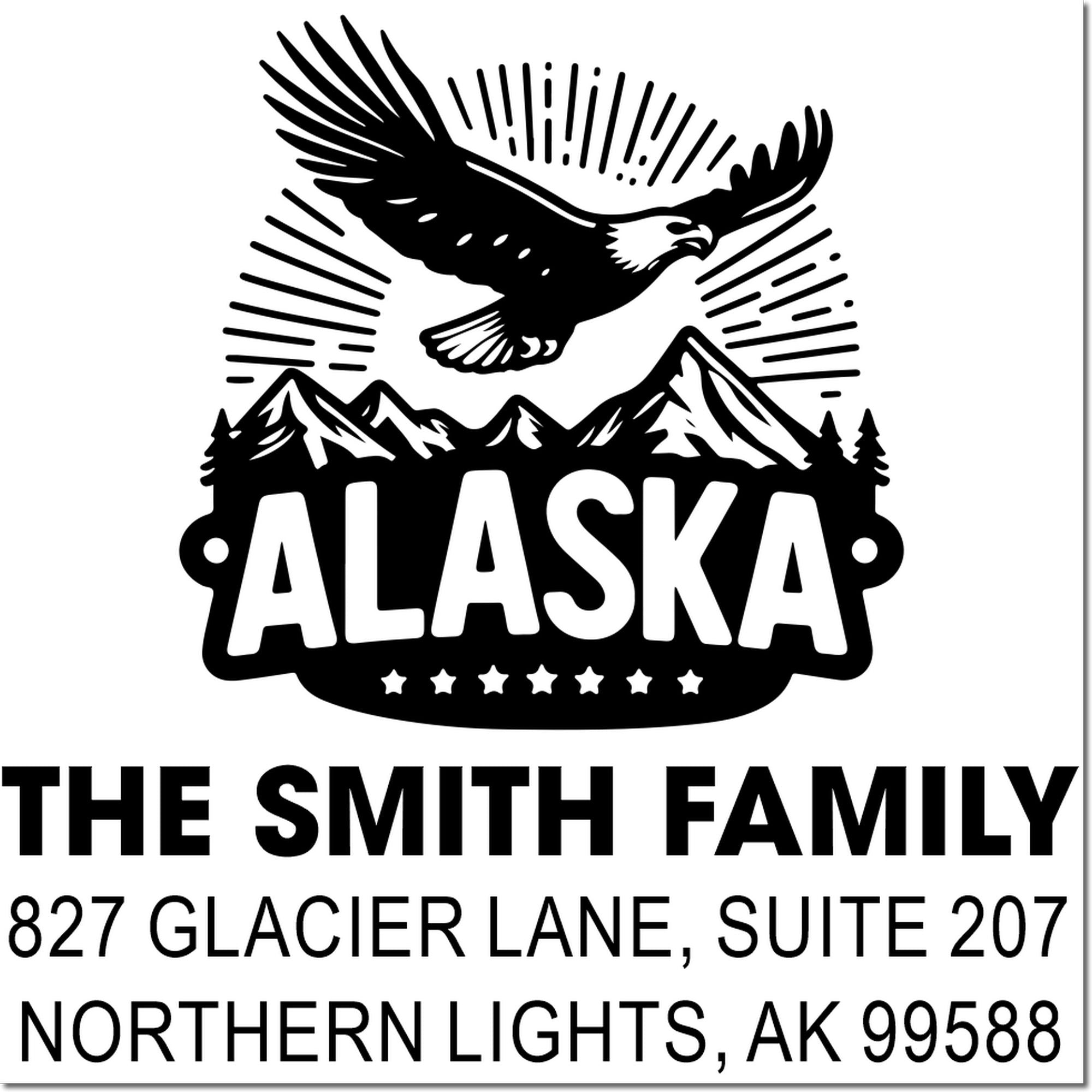 Personalized Alaska return address rubber stamp with eagle, mountains, Smith family name and address.