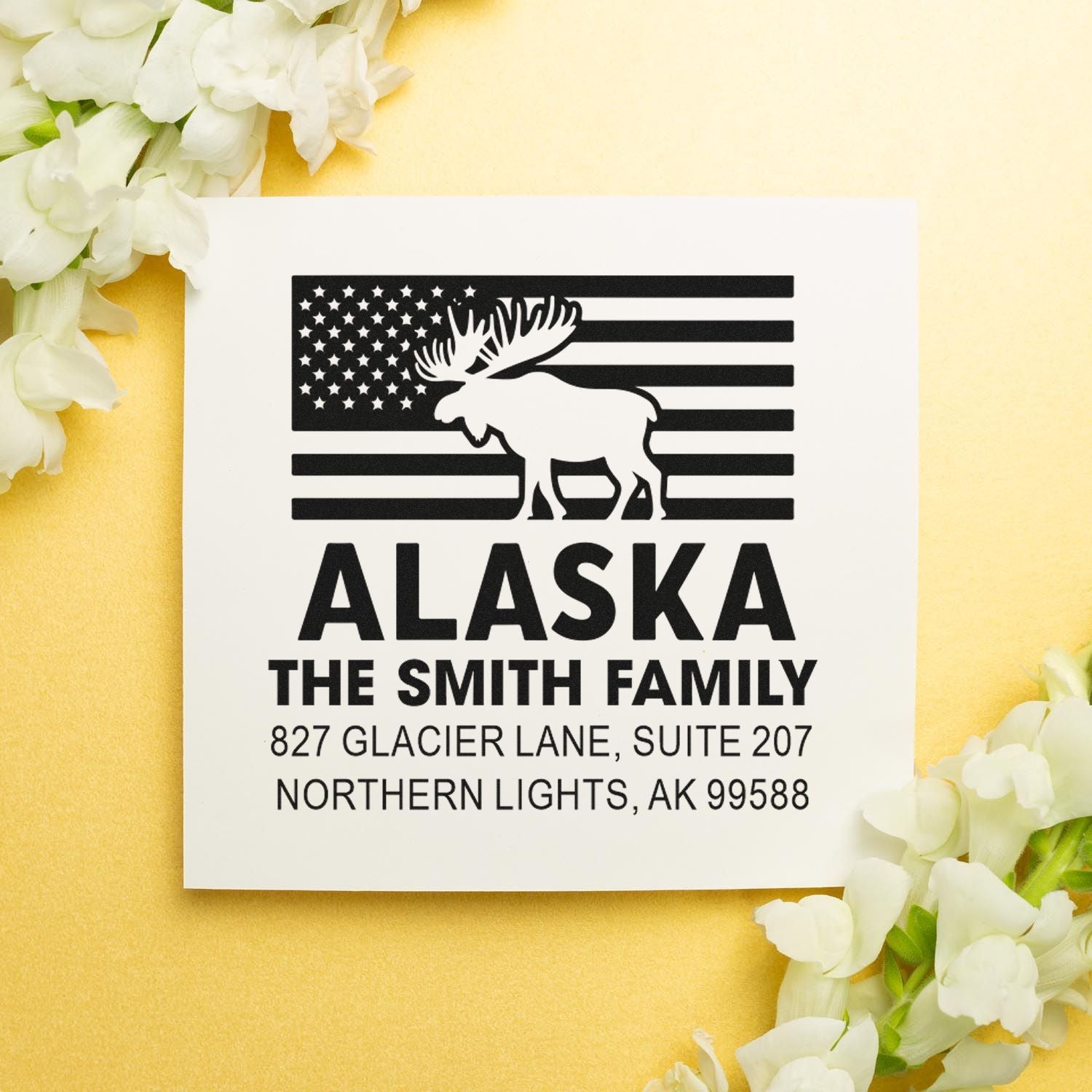 Custom Alaska family return address rubber stamp with moose flag design, The Smith Family, Northern Lights, AK.