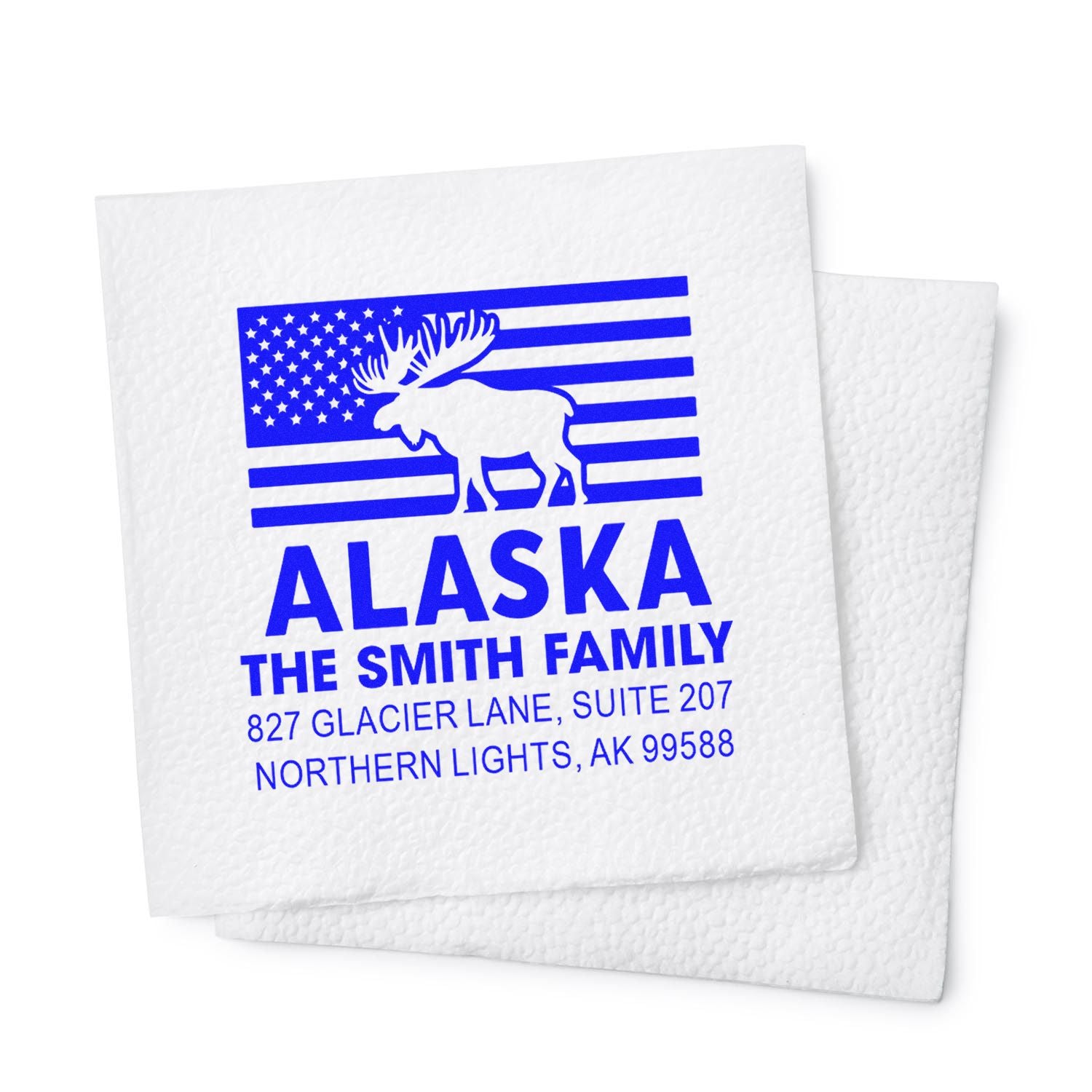 Custom Alaska family address rubber stamp with moose and flag design for personalized stationery