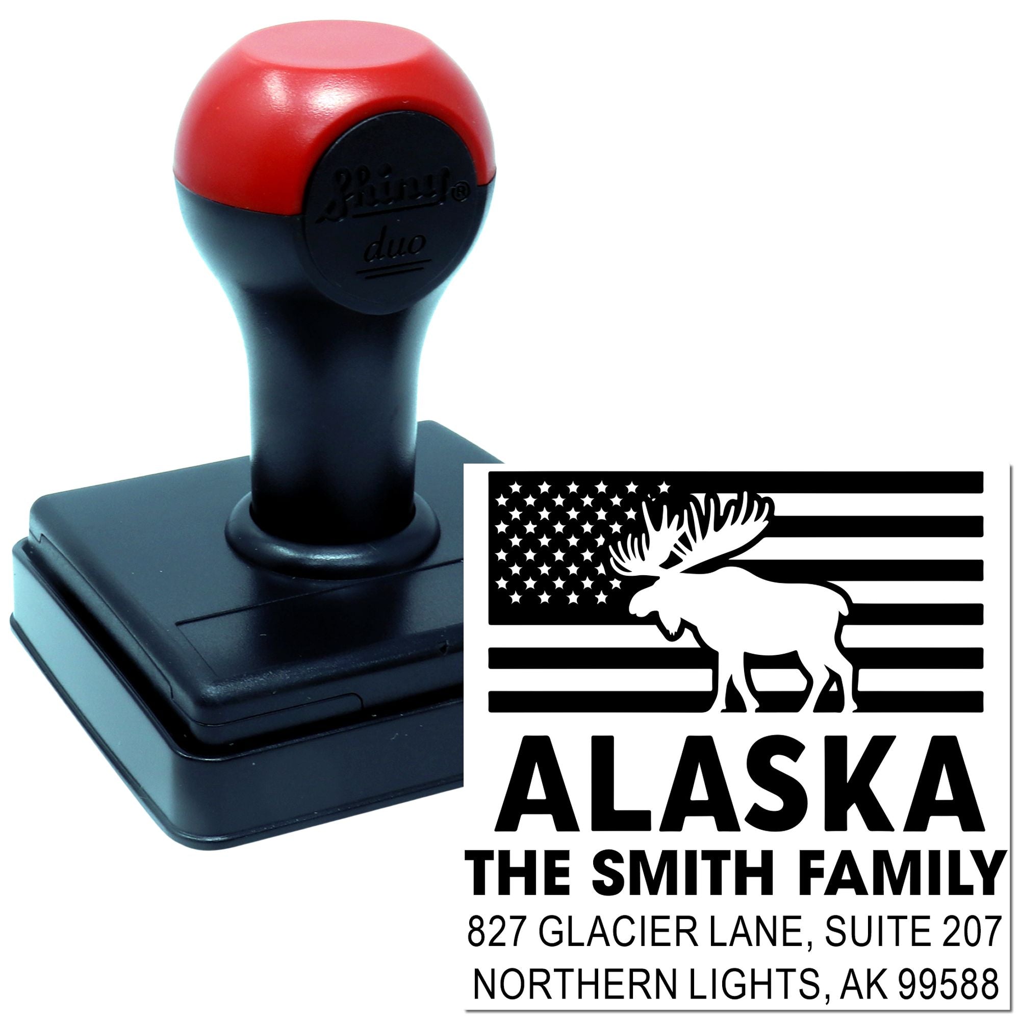 Custom self-inking Alaska return address rubber stamp with moose flag design for family envelopes.