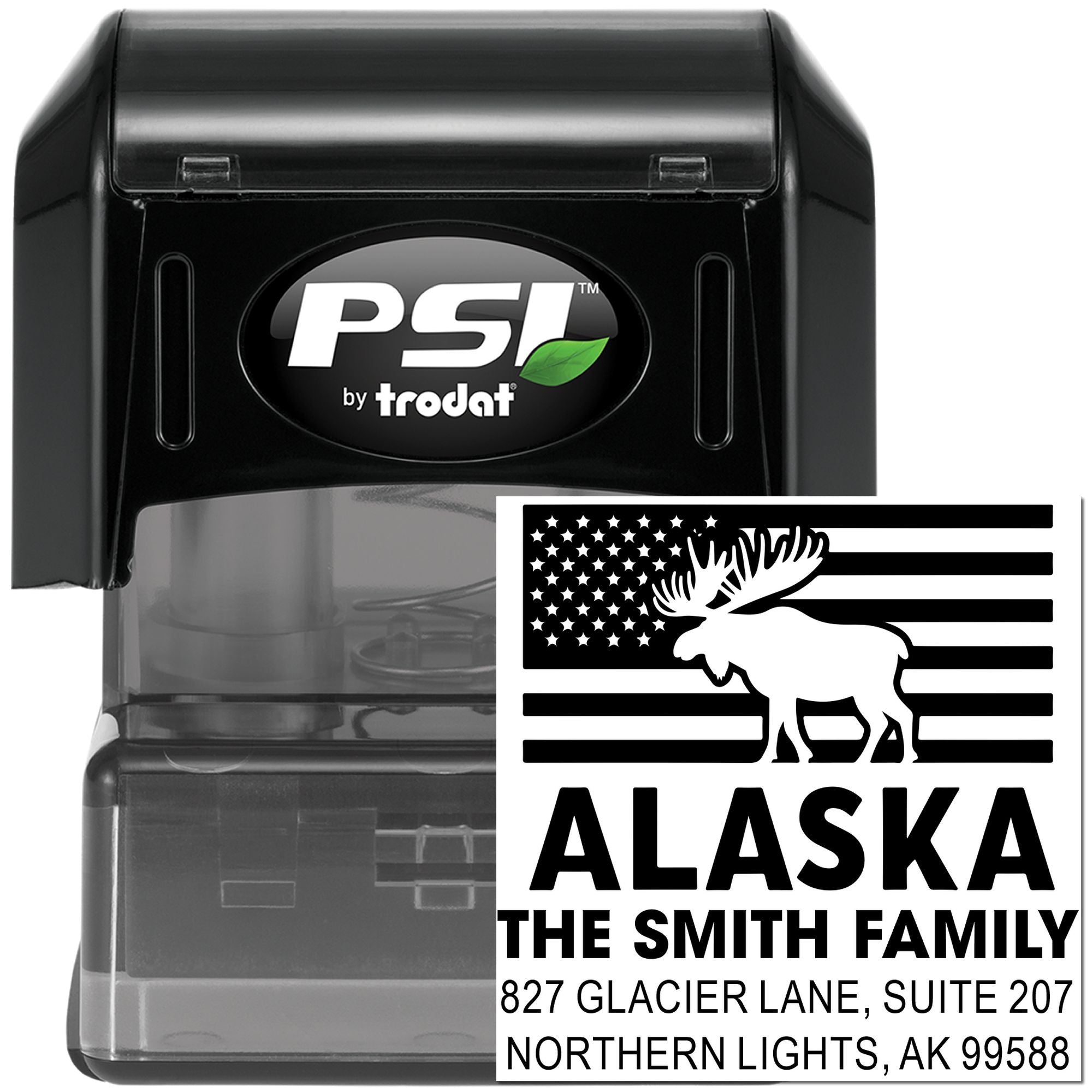 Custom Alaska return address self-inking rubber stamp by PSI Trodat for The Smith Family with moose flag design.