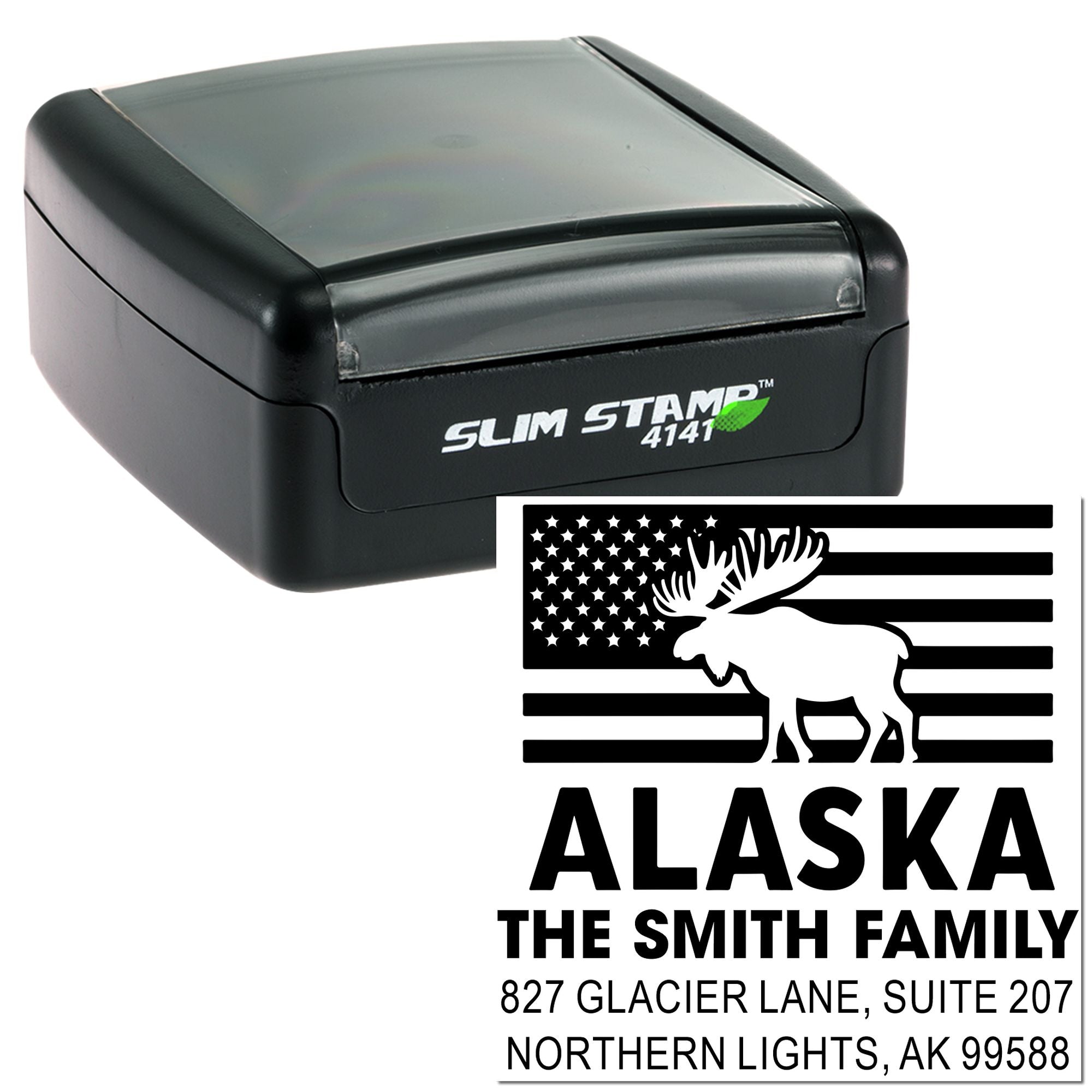 Alaskan Moose Wildlife Rubber Stamp â€“ Handcrafted Rustic 3-Line Slim Pre-Inked Stamp