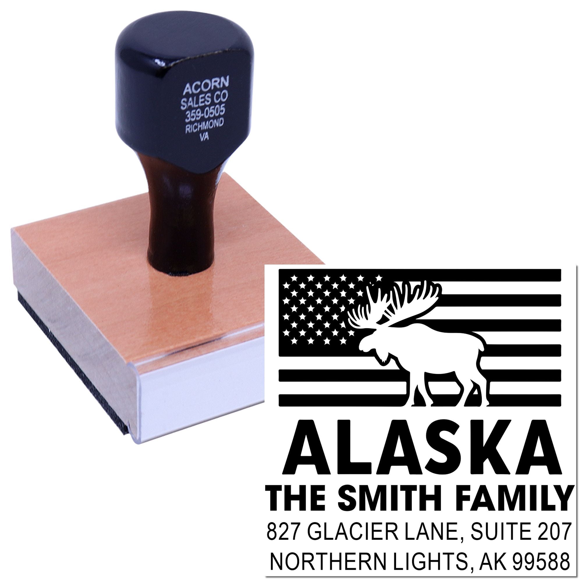 Custom Alaska return address rubber stamp for The Smith Family, with moose flag design for envelopes.