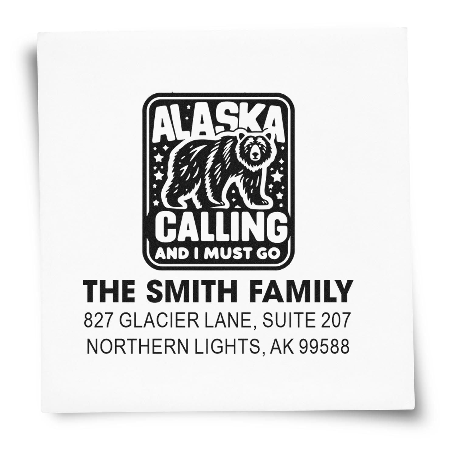 Custom Alaska Calling bear address rubber stamp for The Smith Family, Northern Lights, AK 99588