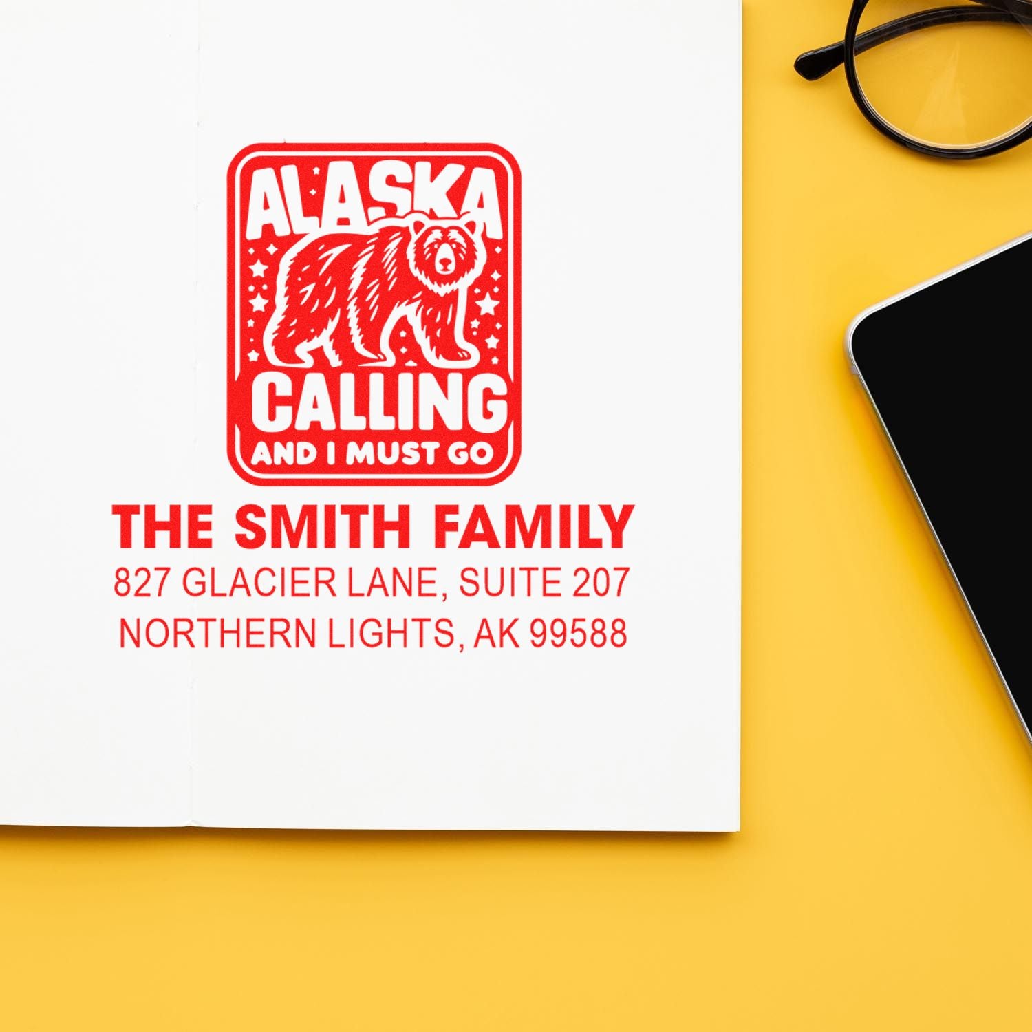 Personalized Alaska calling return address rubber stamp with bear for The Smith Family.