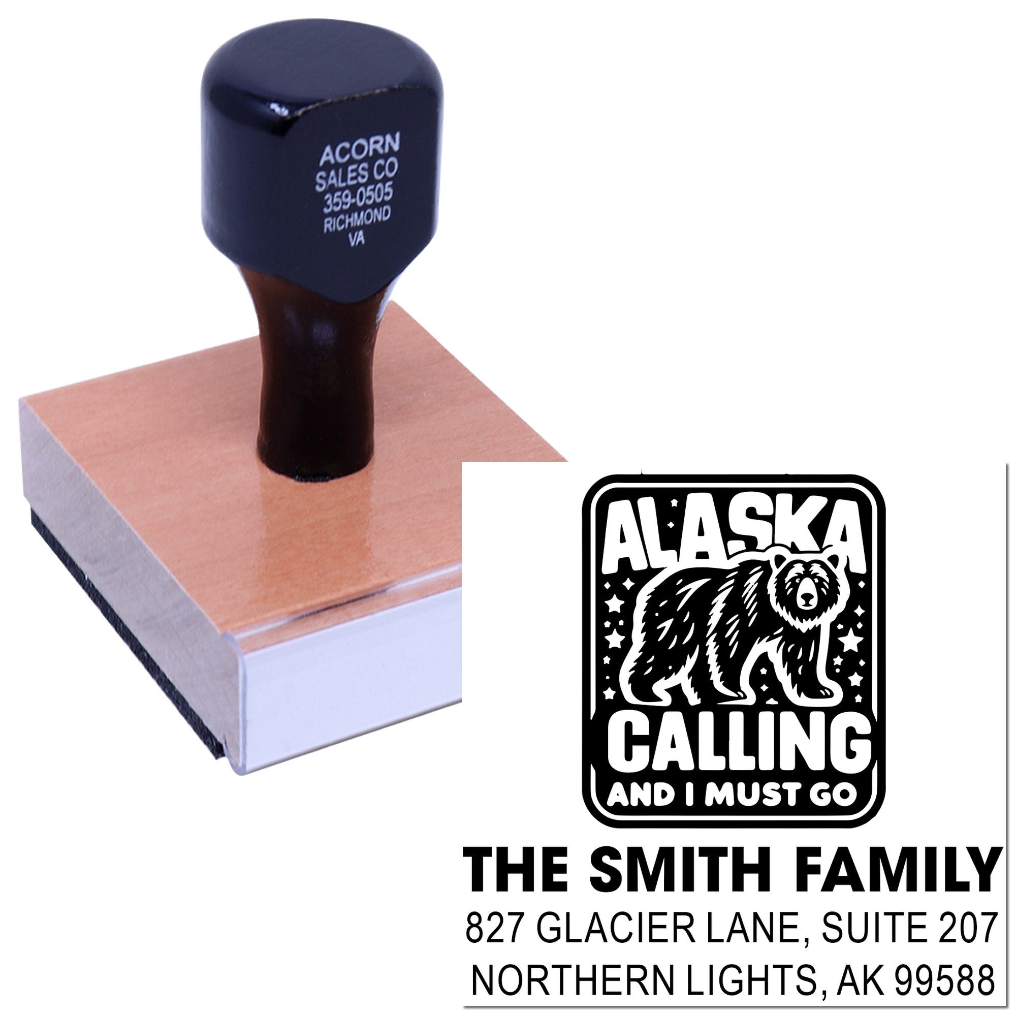 Custom rubber address stamp with Alaska bear design and Smith family return address for personalized mailing.