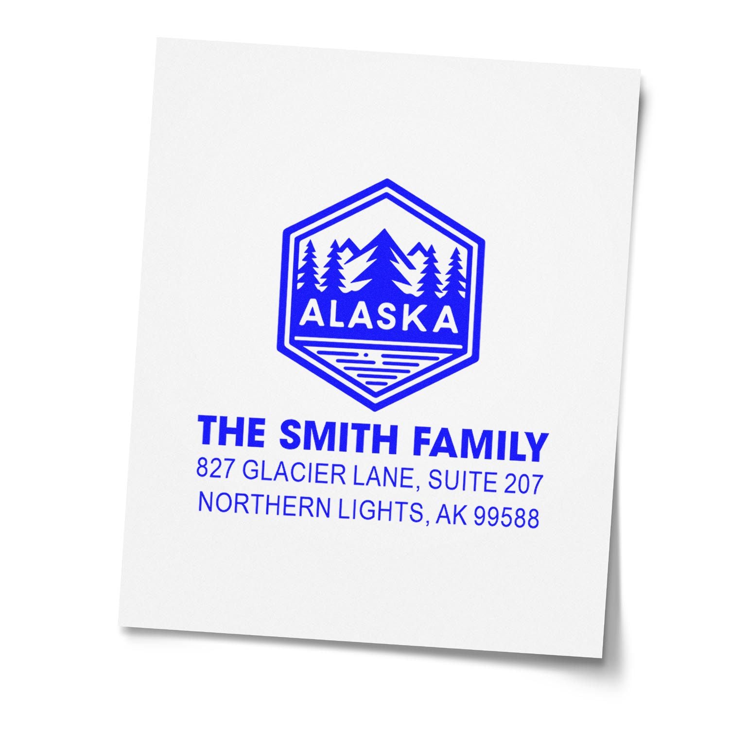 Custom Alaska return address rubber stamp with mountain logo, The Smith Family address