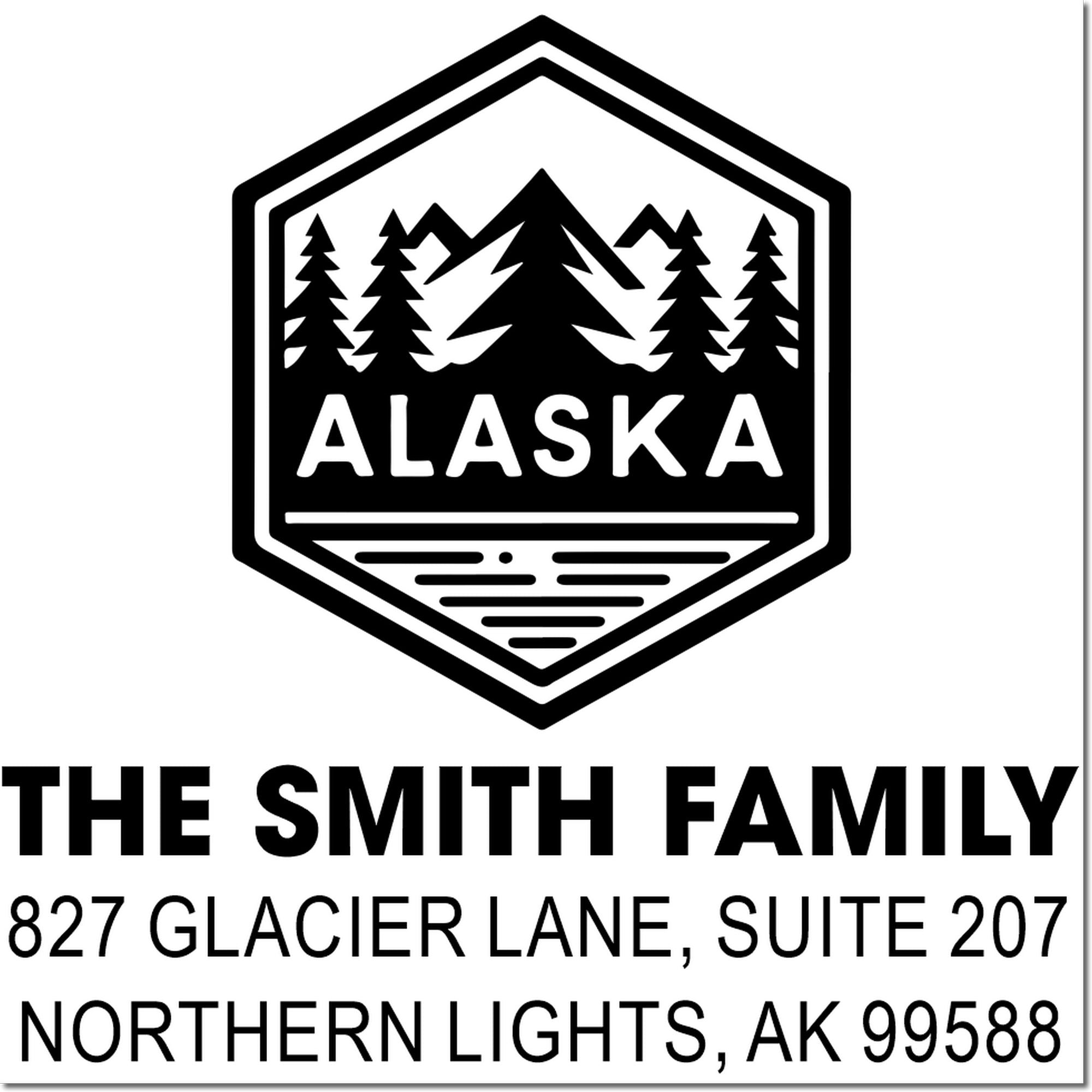 Personalized Alaska return address rubber stamp for The Smith Family, Northern Lights, AK 99588 with mountain logo.