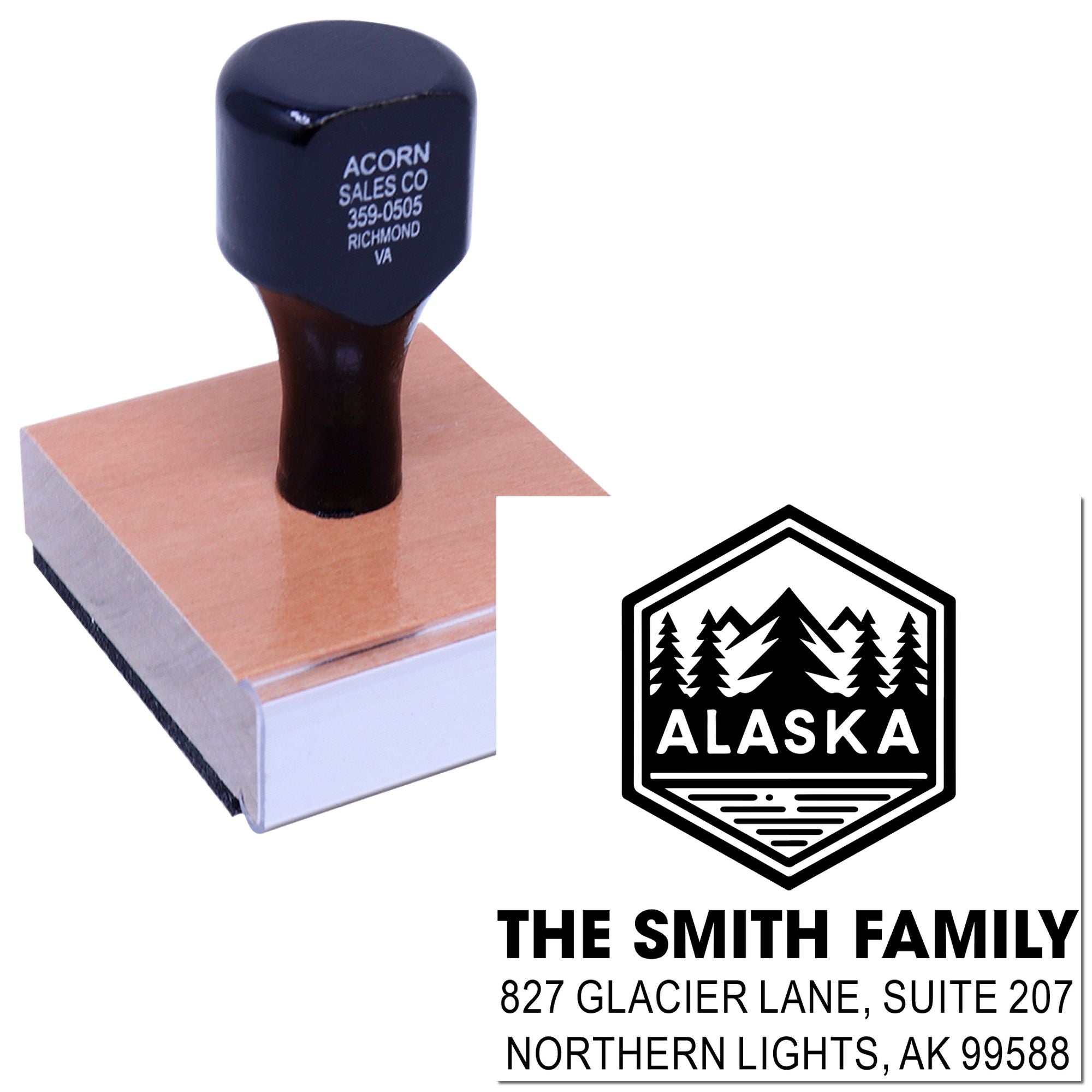 Custom rubber address stamp with Alaska family logo and return address for personalized mailing and branding.