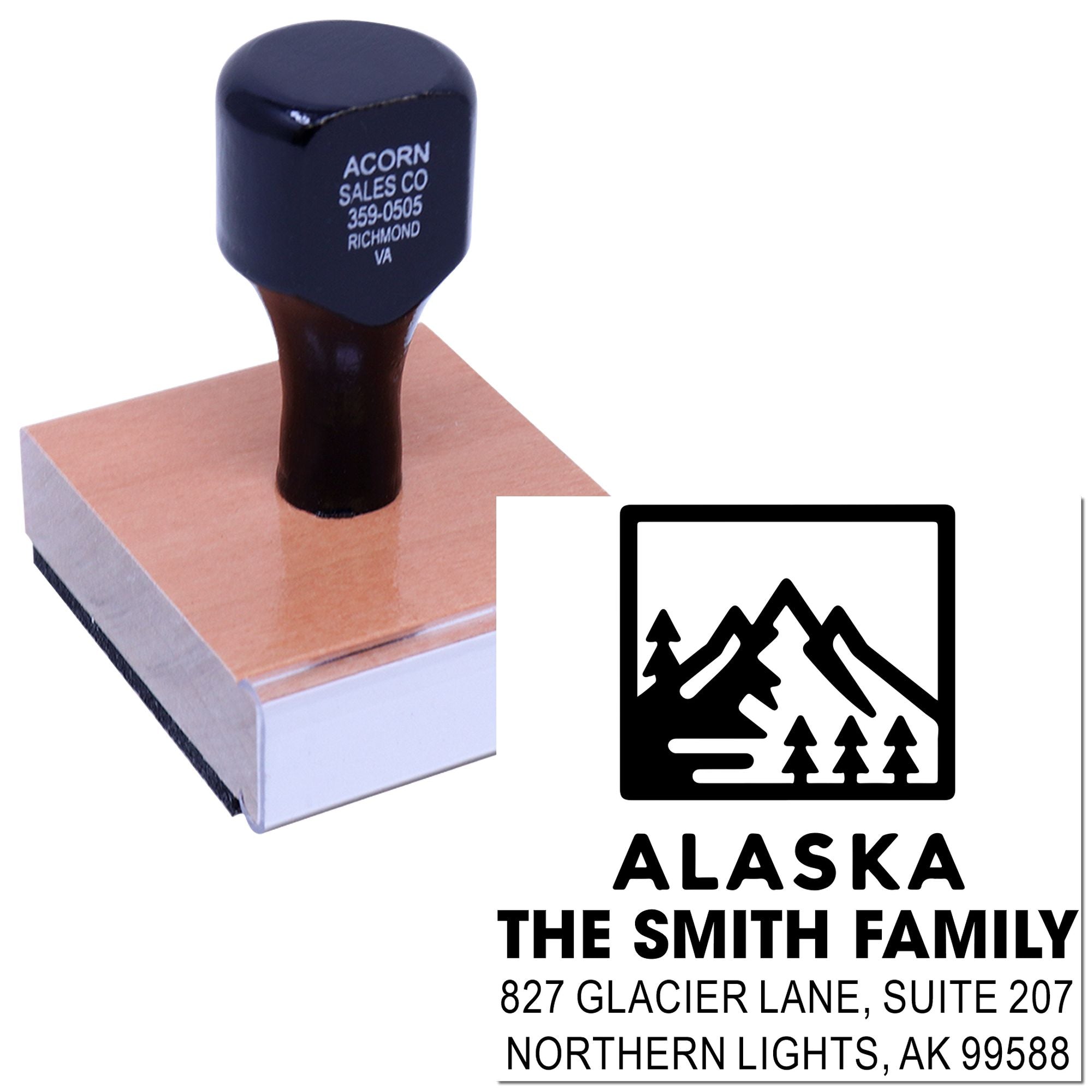 Custom rubber stamp with Alaska family address and mountain logo for personalized mailing and return address use.