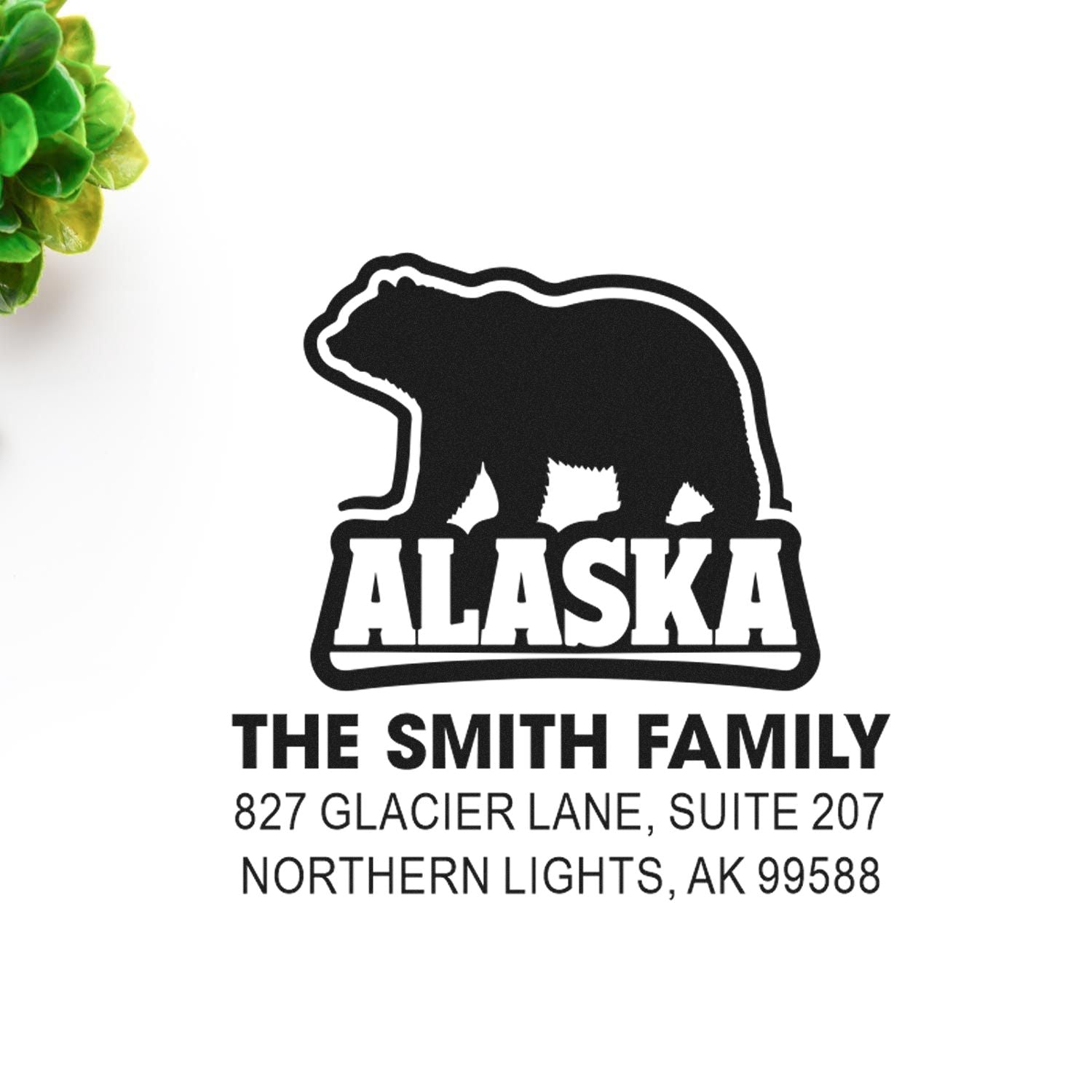 Custom Alaska bear return address rubber stamp for The Smith Family, Northern Lights, AK, with personalized mailing address.