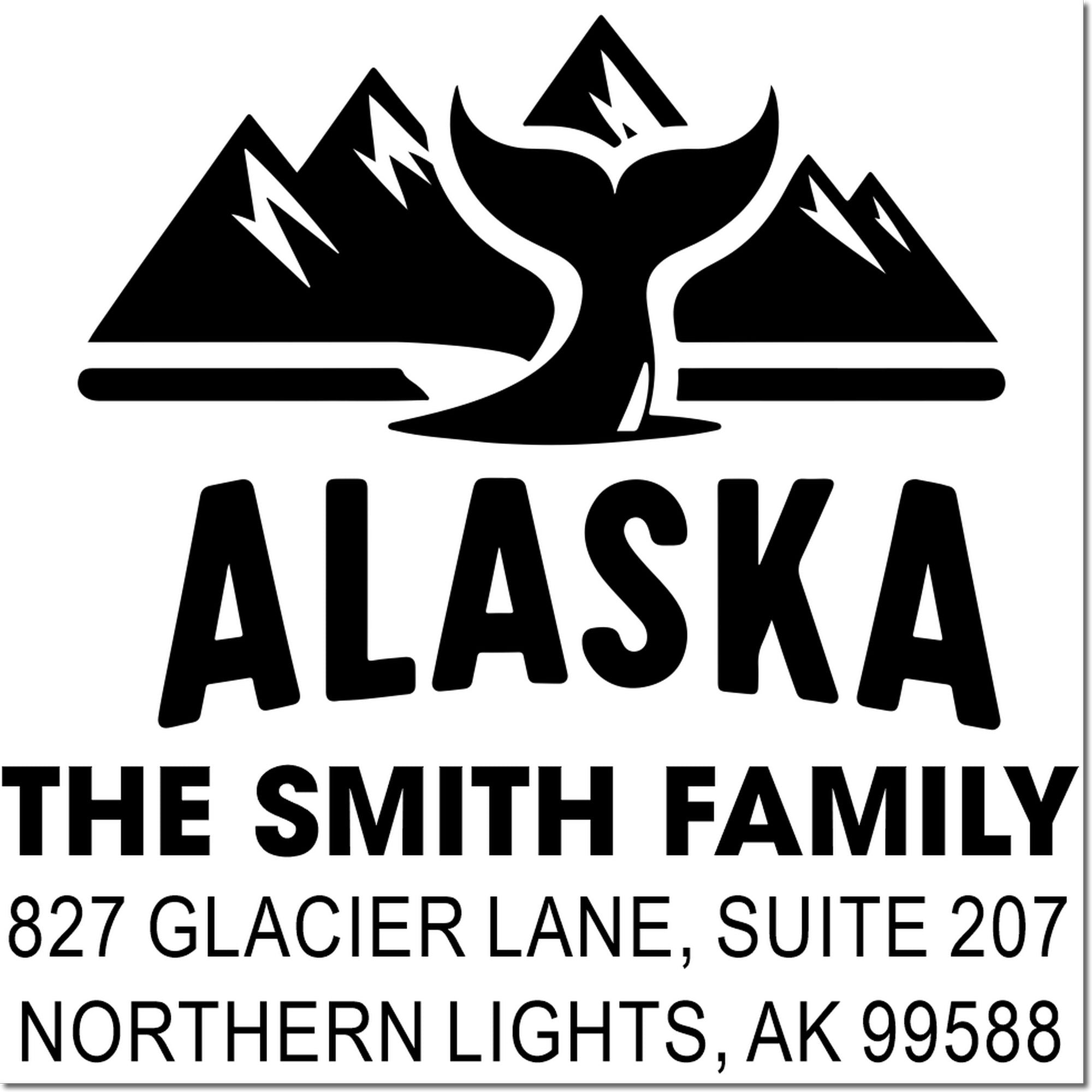 Custom Alaska return address rubber stamp with mountain design for The Smith Family, Northern Lights, AK