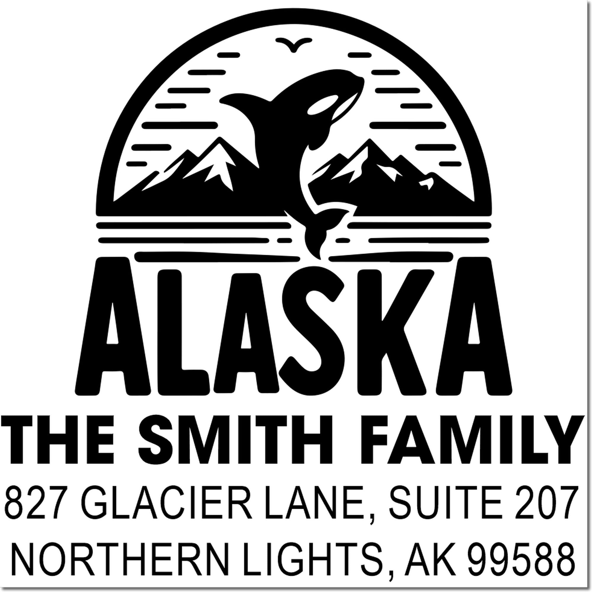 Custom Alaska rubber address stamp with orca and mountains for The Smith Family, Northern Lights, AK 99588.