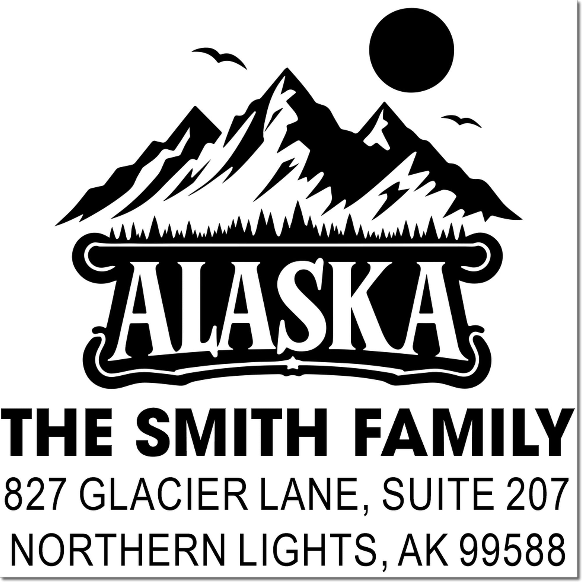 Custom Alaska return address rubber stamp for The Smith Family, mountain logo, 827 Glacier Lane, Northern Lights, AK 99588.