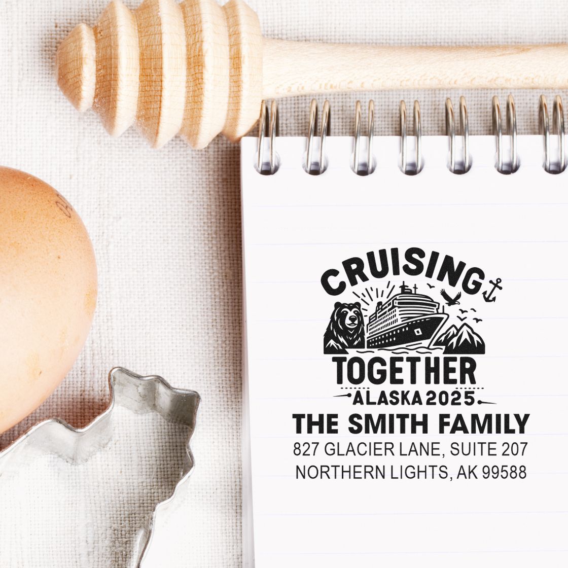 Custom rubber stamp for The Smith Family cruise to Alaska 2025 with return address, ideal for stationery and travel invites.