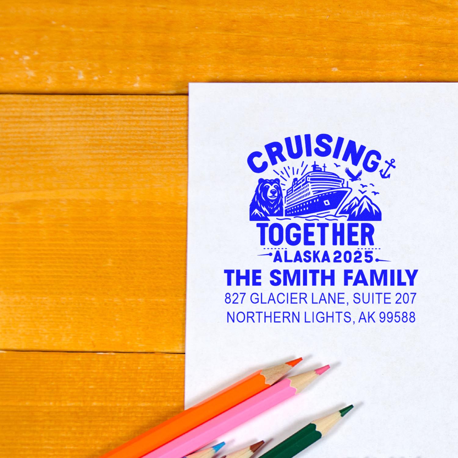 Personalized rubber stamp design for family cruise invitation, featuring Alaska 2025, The Smith Family, and cruise ship graphic.