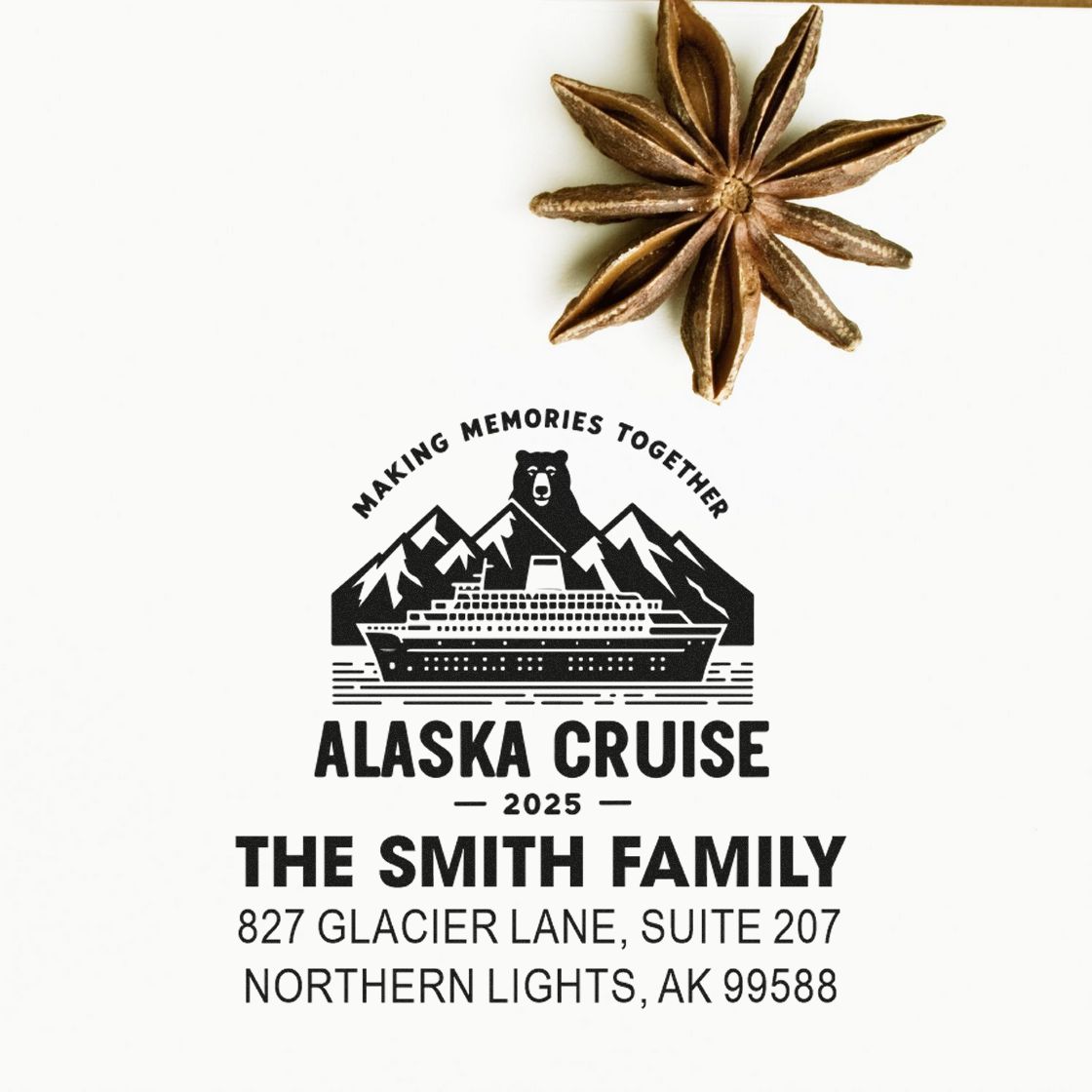 Custom Alaska cruise rubber stamp with cruise ship design, The Smith Family, 2025, and return address for Northern Lights, AK.