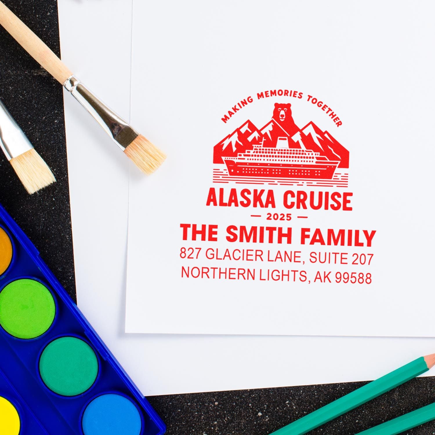 Personalized rubber stamp design for an Alaska cruise 2025, featuring The Smith Family and address for travel stationery.