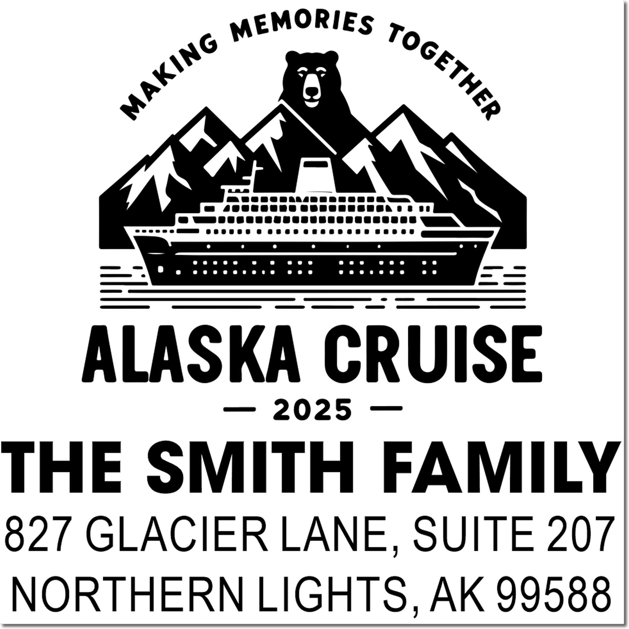 Personalized Alaska cruise rubber stamp with bear, cruise ship and mountains, featuring The Smith Family 2025 trip design.