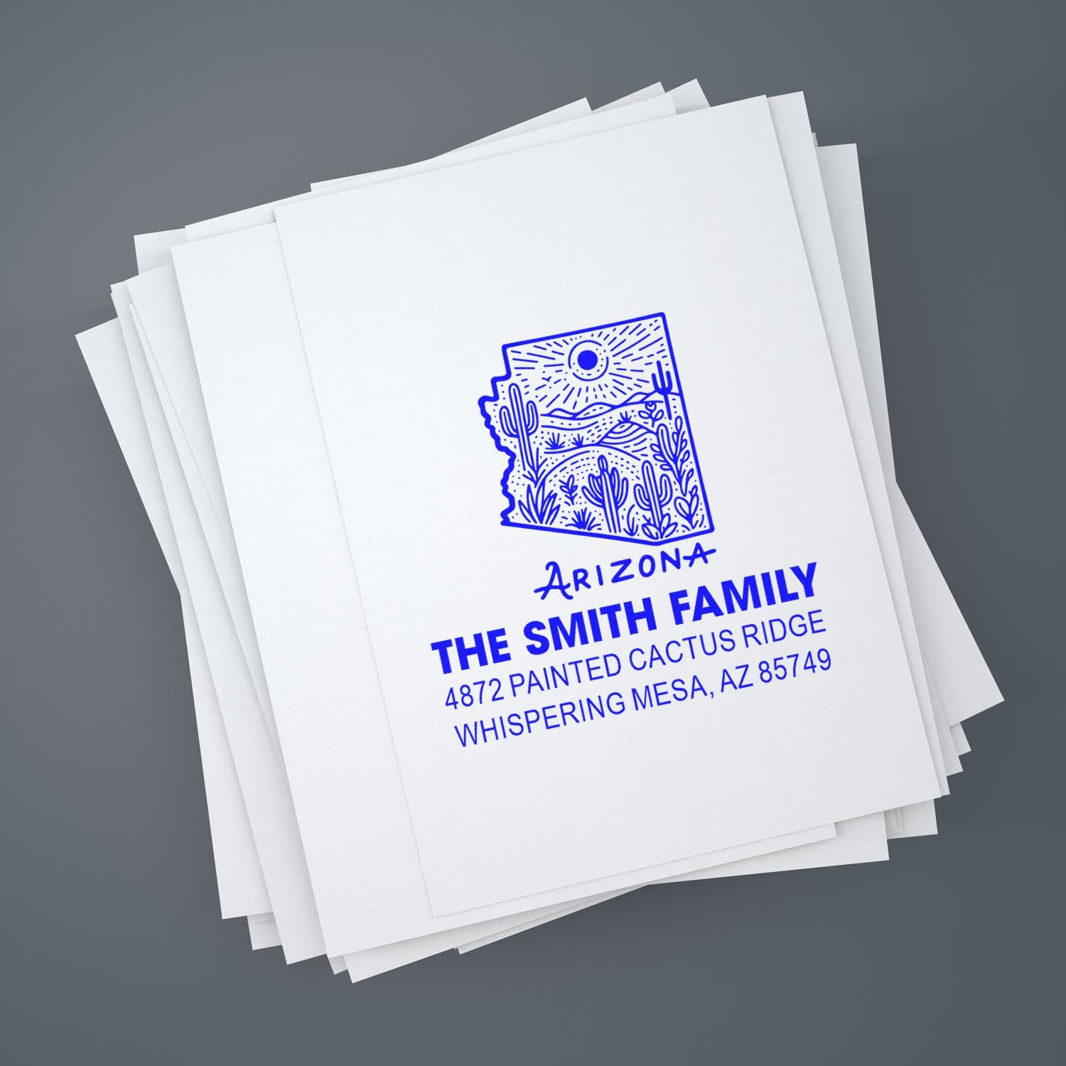 Custom rubber stamp on paper with Arizona cactus return address design for The Smith Family home mailing label.