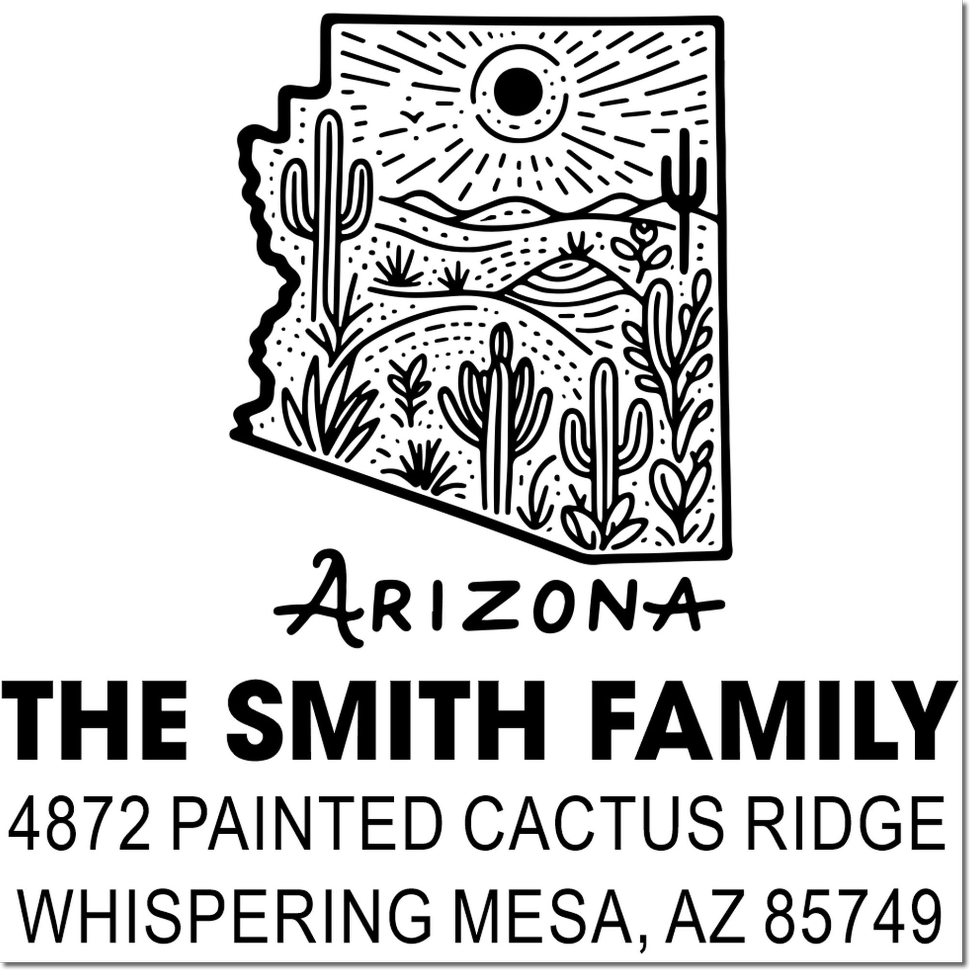 Custom Arizona return address rubber stamp with cactus desert design for The Smith Family, Whispering Mesa, AZ 85749