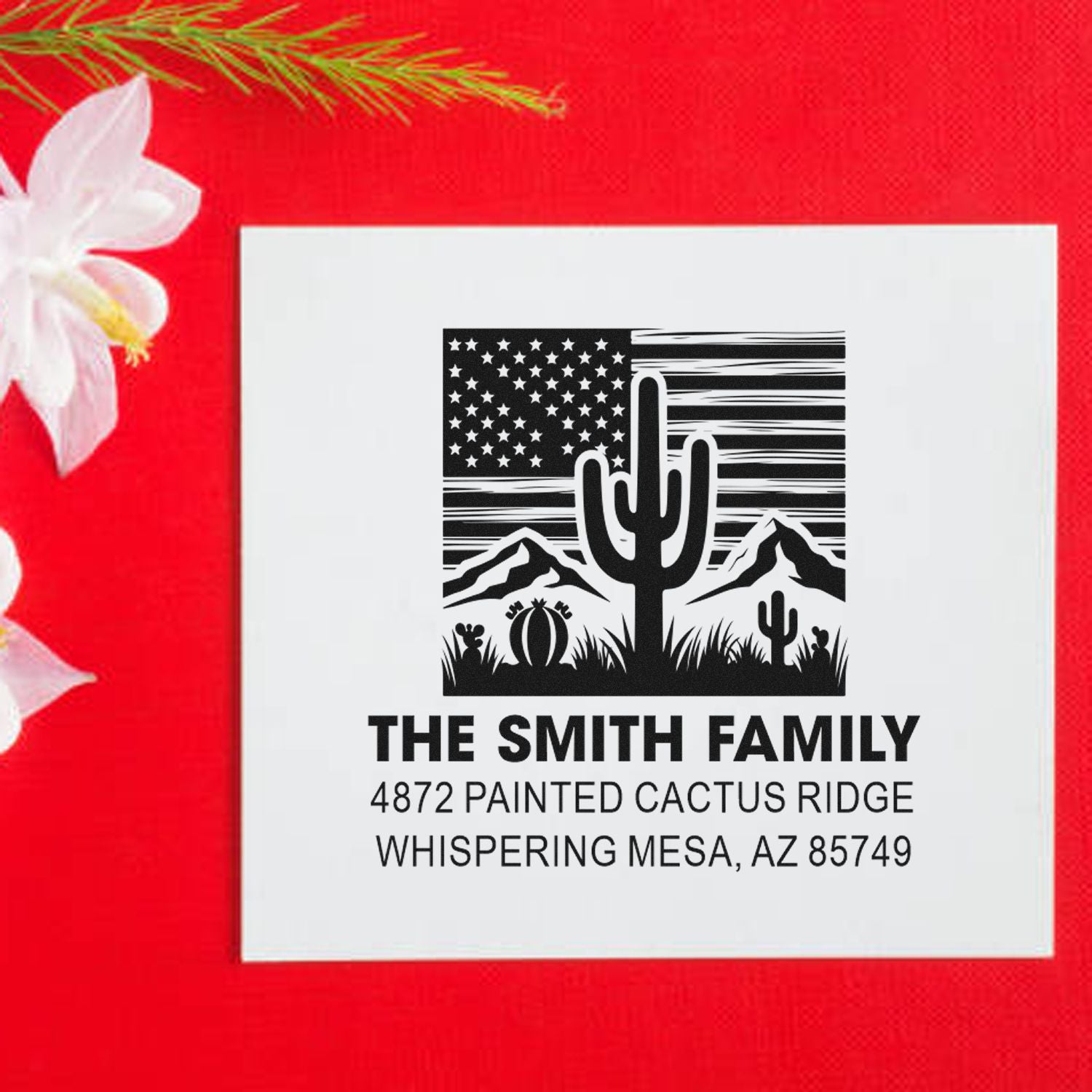 Personalized return address rubber stamp with desert cactus and American flag design for The Smith Family, Whispering Mesa, AZ.