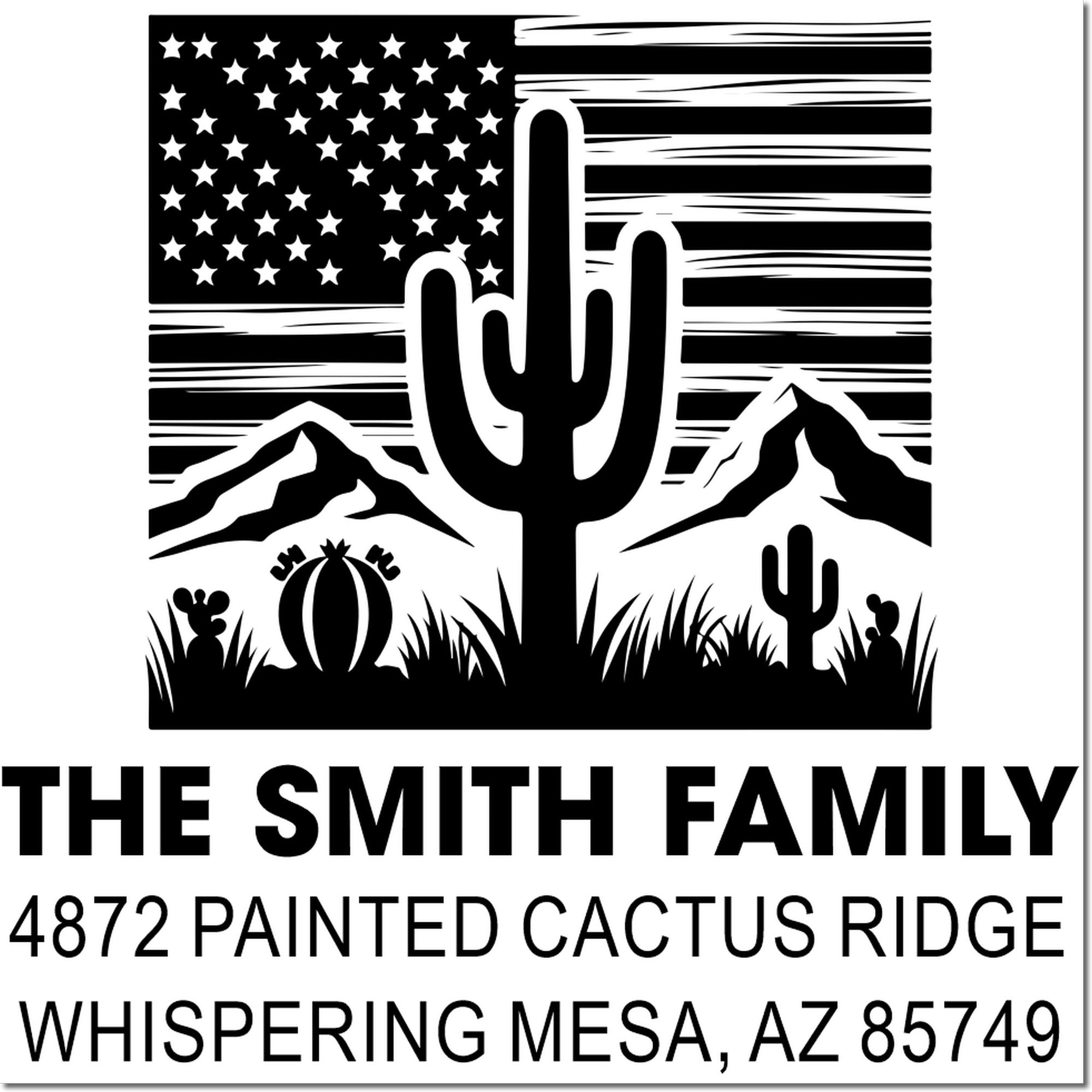 Custom Southwest return address rubber stamp for The Smith Family, 4872 Painted Cactus Ridge, Whispering Mesa, AZ.