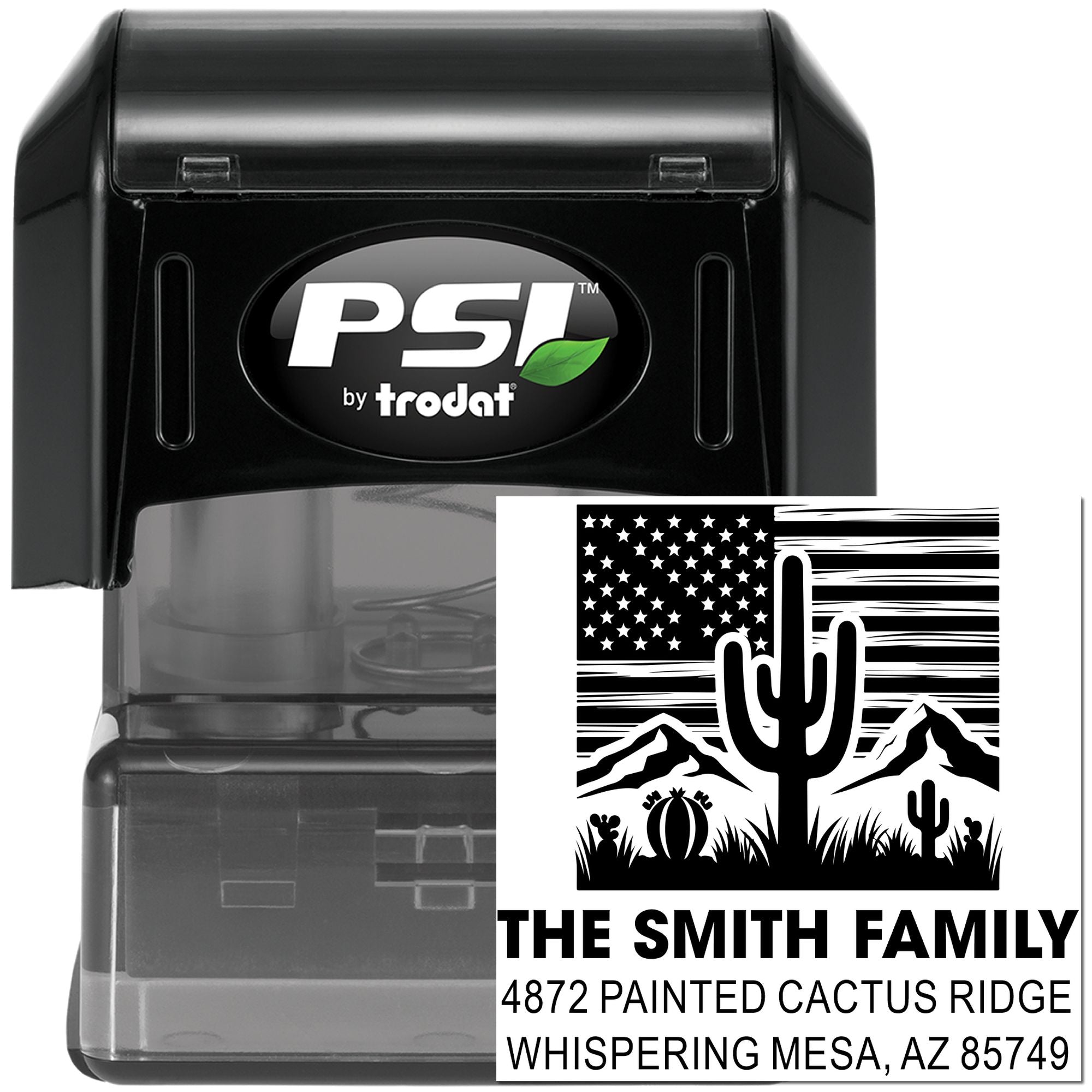 Personalized self-inking rubber address stamp by PSI Trodat with cactus family design for Arizona return mail.