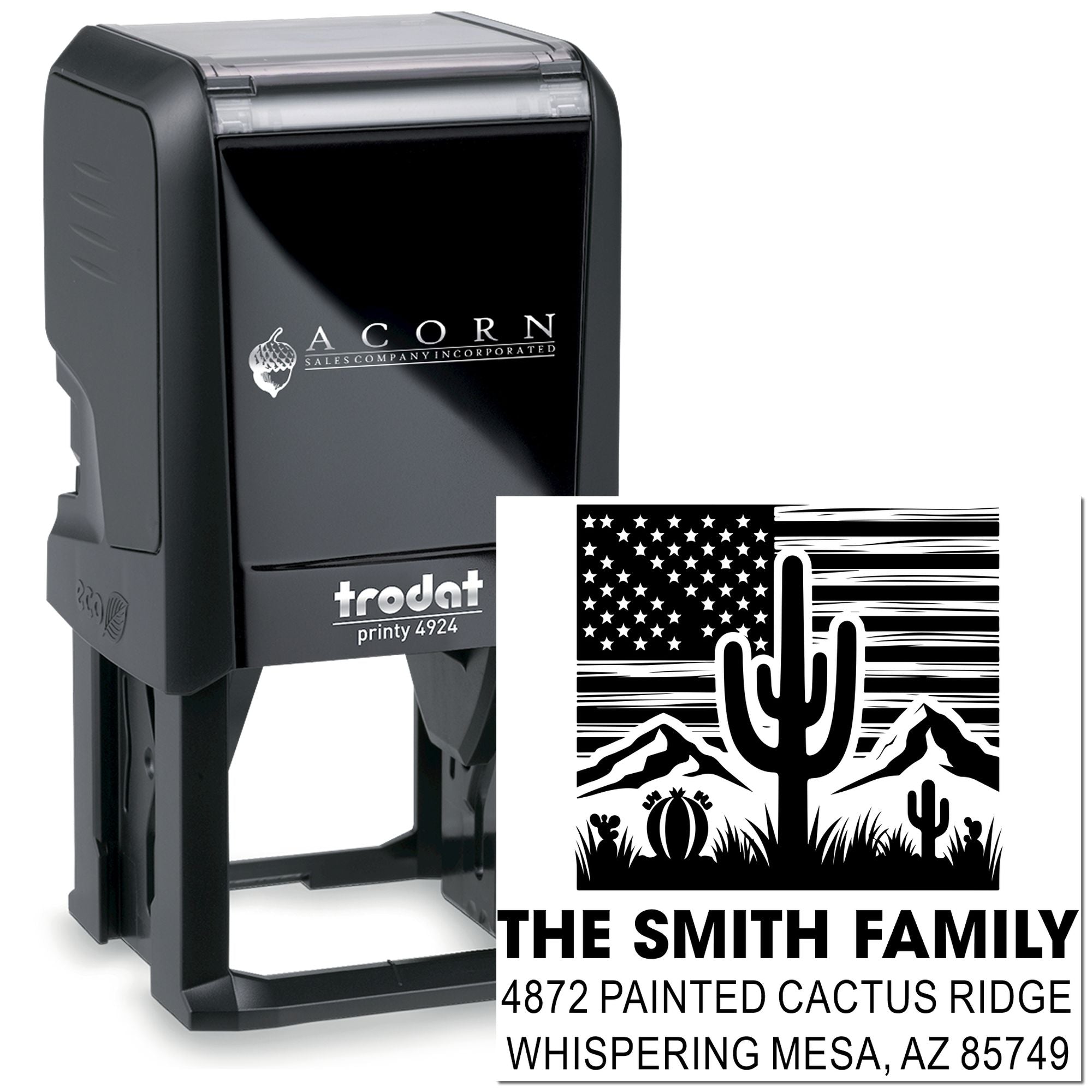 Trodat self-inking address stamp with cactus and USA flag design, custom rubber stamp for The Smith Family mail.